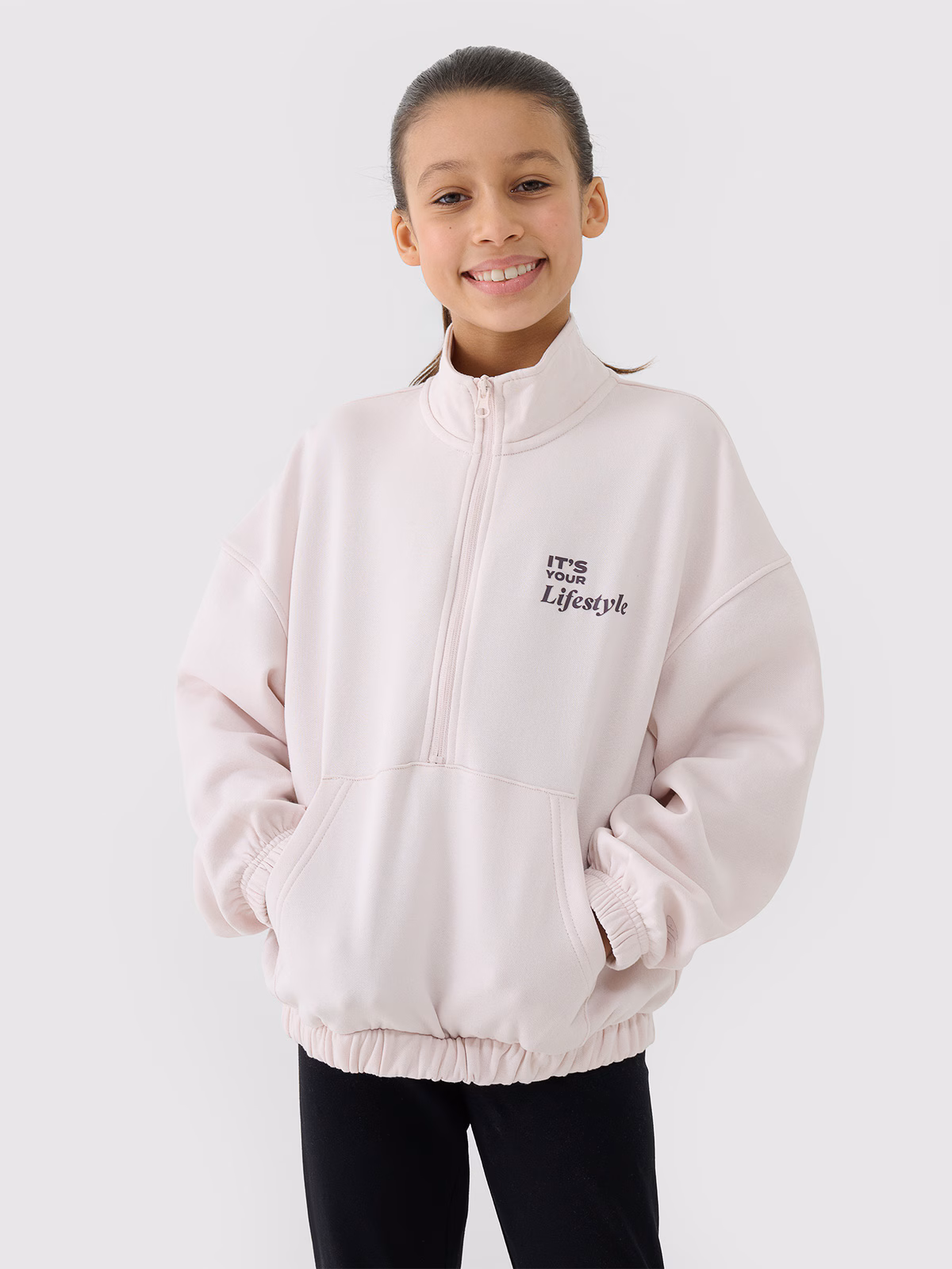 Bluza dresowa nierozpinana bez kaptura dziewczęca - beżowa