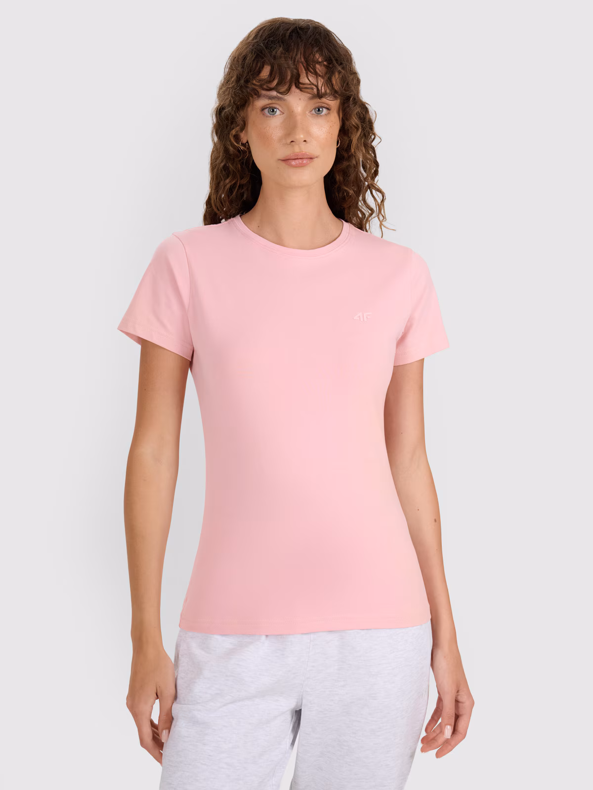 T-shirt slim gładki damski - różowy