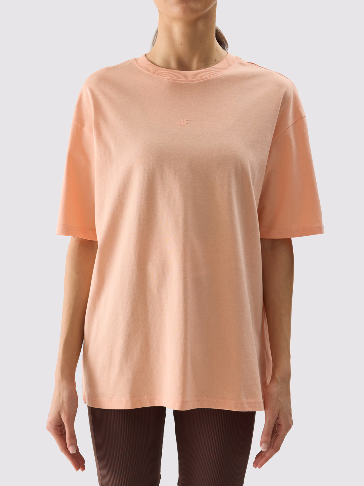 T-shirt oversize gładki damski - brązowy