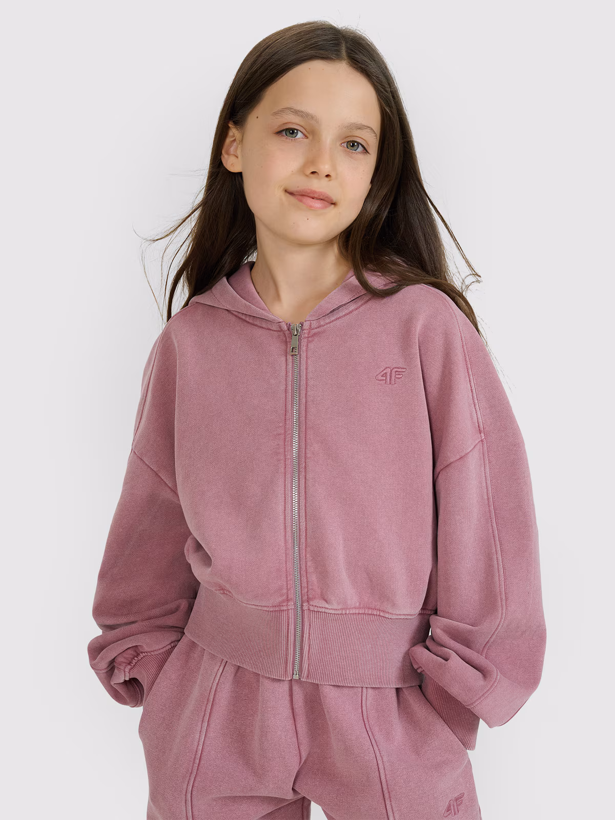 Bluza dresowa rozpinana z kapturem dziewczęca 4F JUNIOR x Anna Lewandowska - różowa