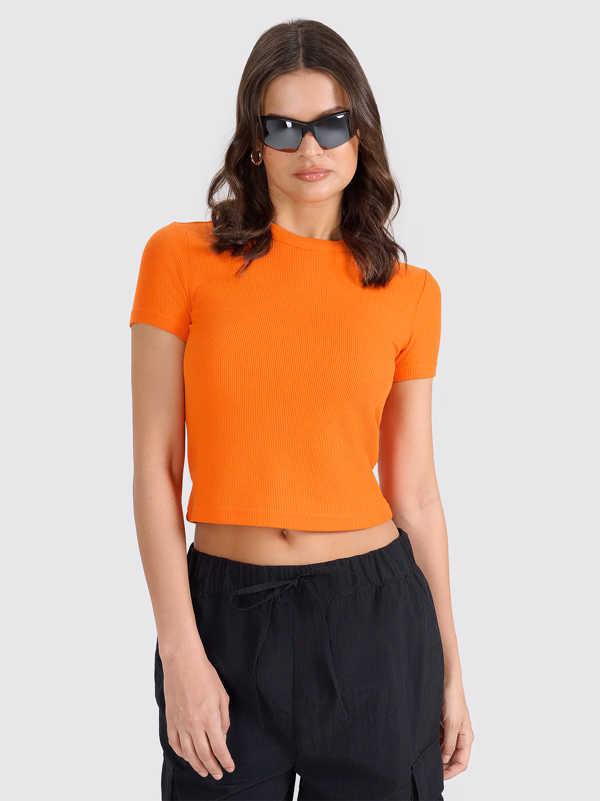 T-shirt slim z waflowej dzianiny damski - pomarańczowy