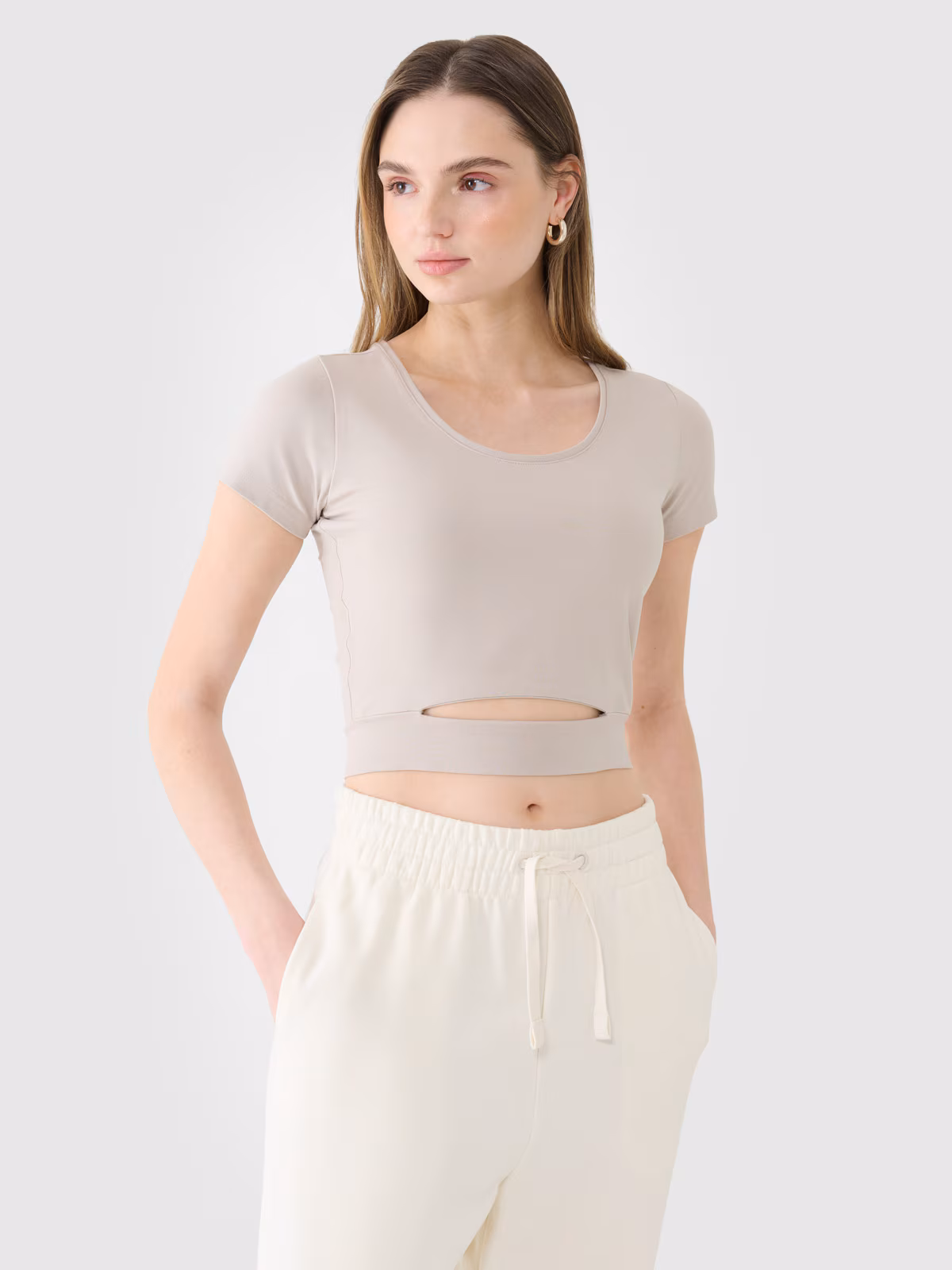 T-shirt crop top gładki damski - beżowy