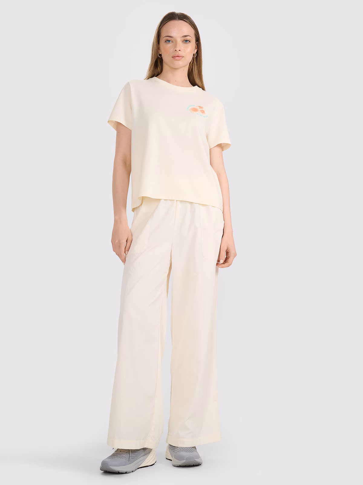 T-shirt oversize z nadrukiem damski - beżowy