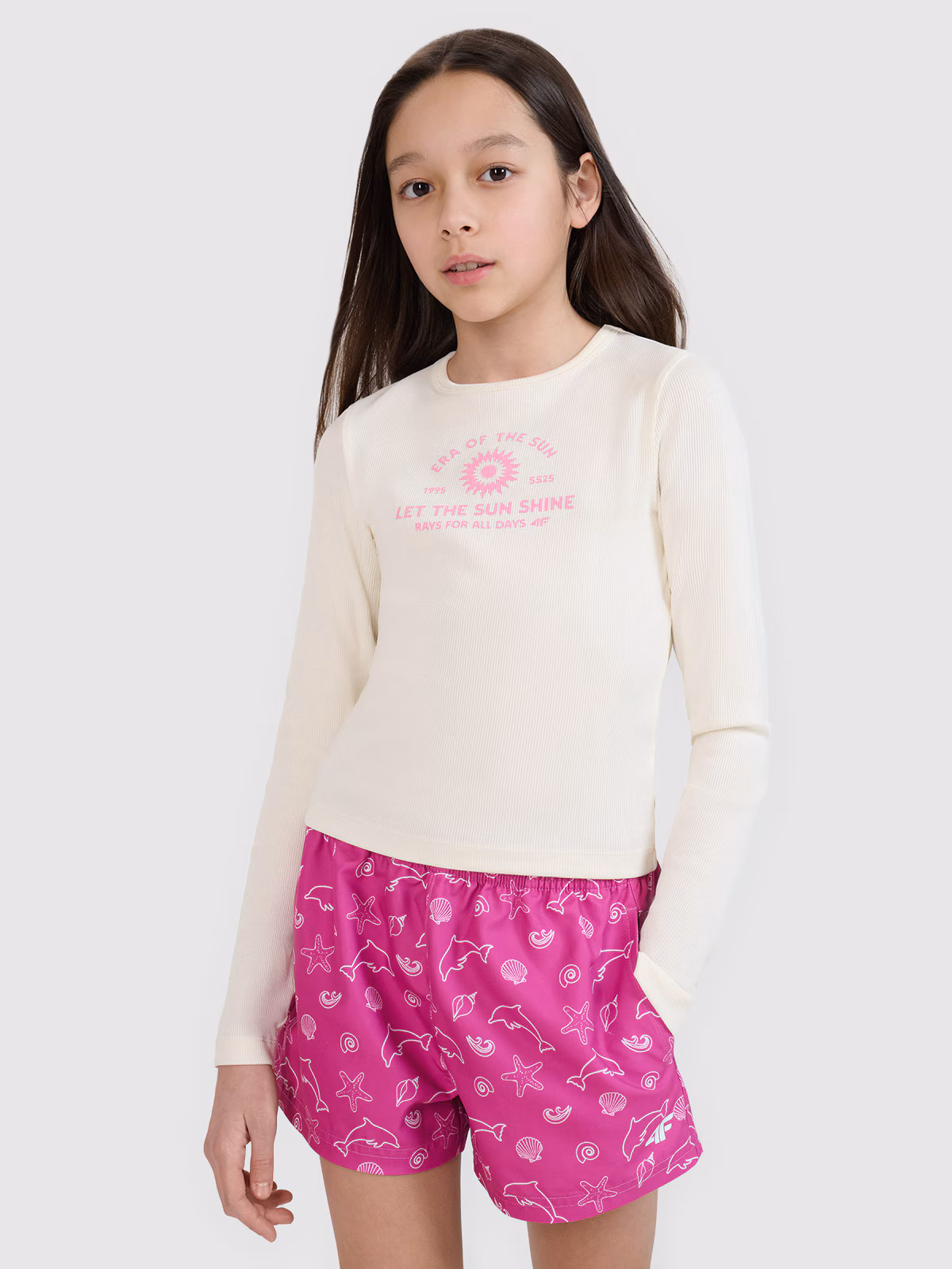 Longsleeve slim z nadrukiem dziewczęcy - biały