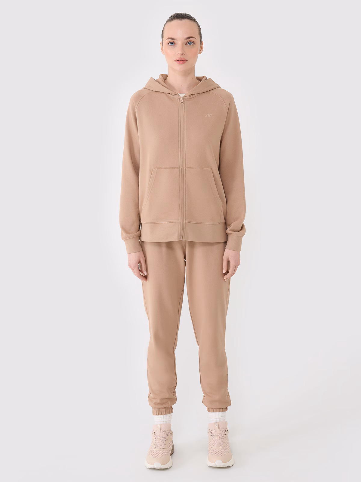 Bluza dresowa rozpinana z kapturem damska - beżowa