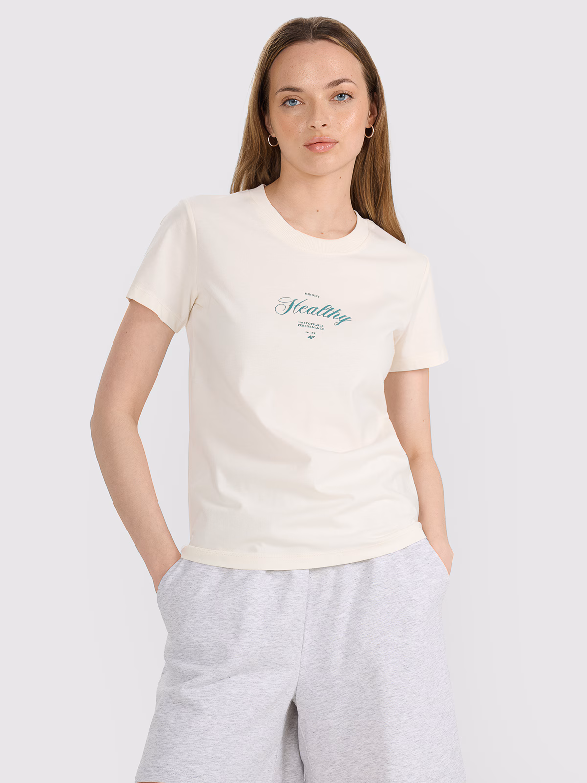 T-shirt regular z nadrukiem damski - biały