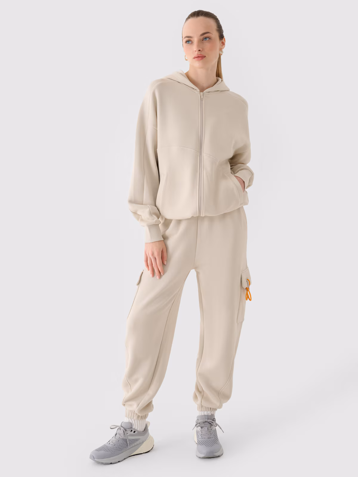 Bluza dresowa rozpinana z kapturem damska - oliwkowa/khaki