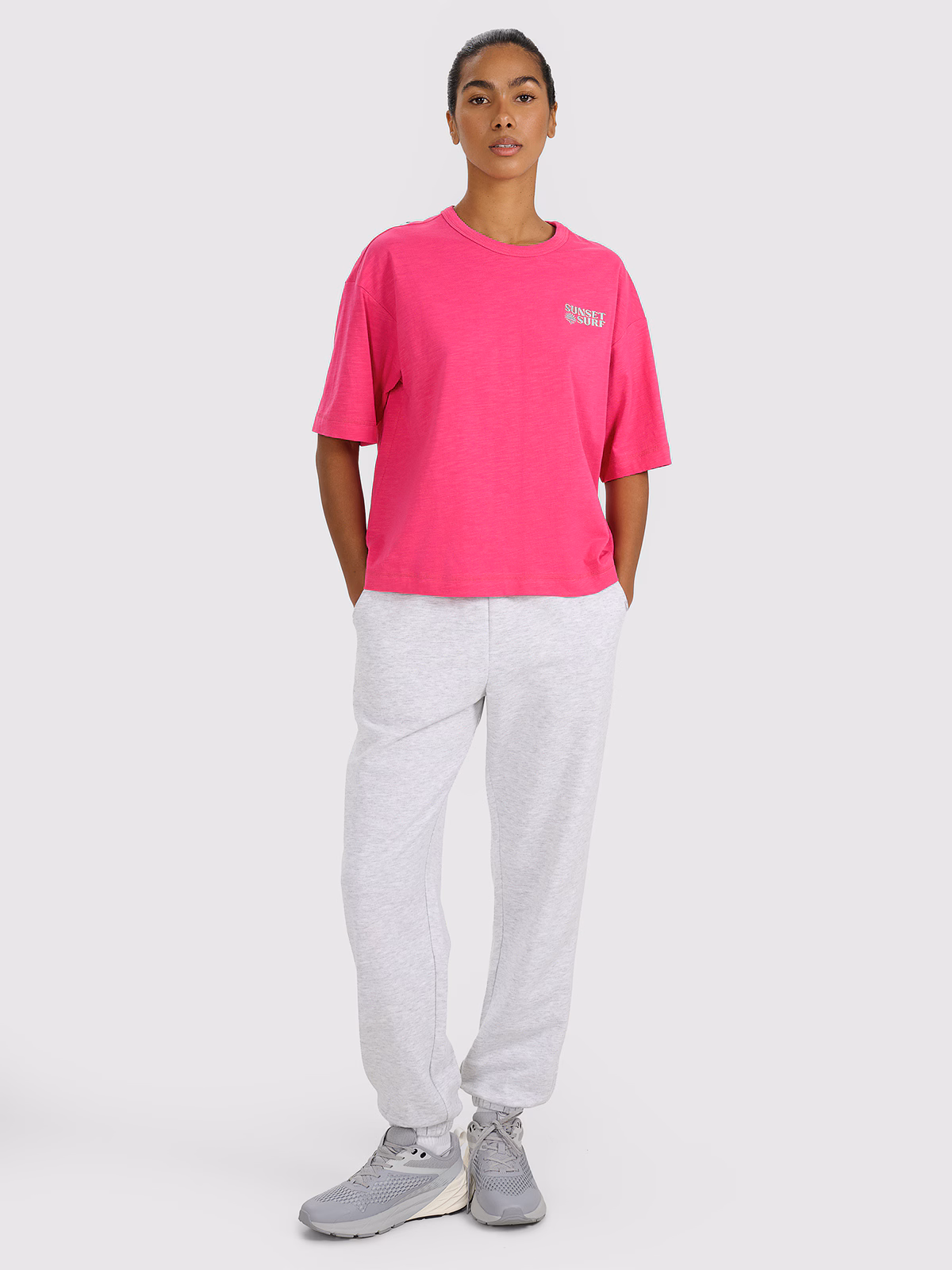 T-shirt oversize z nadrukiem damski - różowy