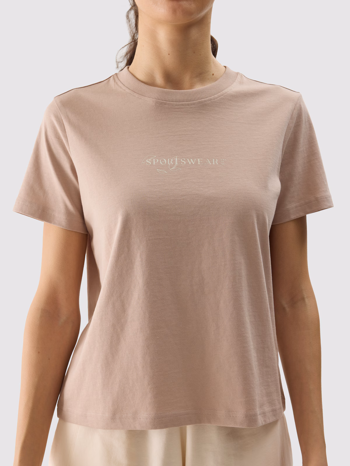 T-shirt regular z nadrukiem damski - beżowy