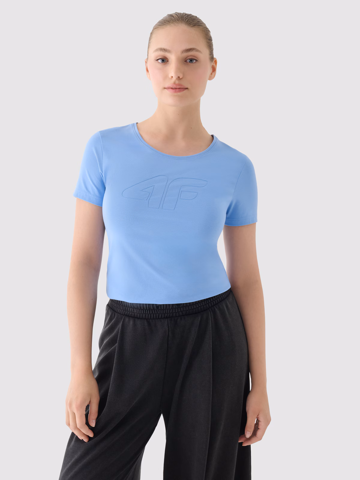 T-shirt slim z nadrukiem damski - niebieski