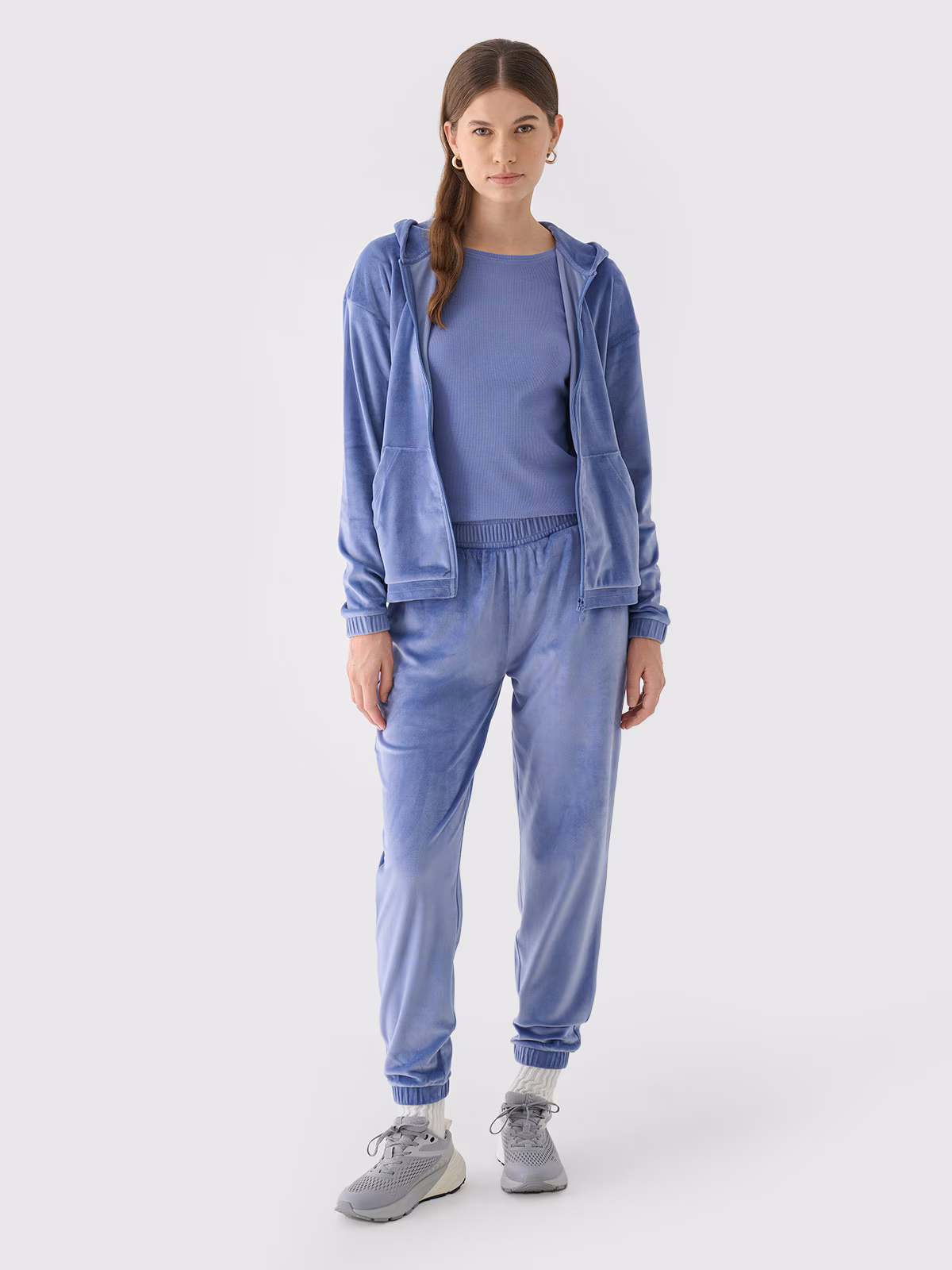 Bluza dresowa z weluru rozpinana z kapturem damska - granatowa