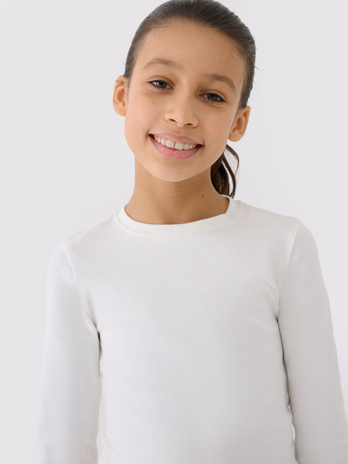 Longsleeve slim crop top gładki dziewczęcy - biały