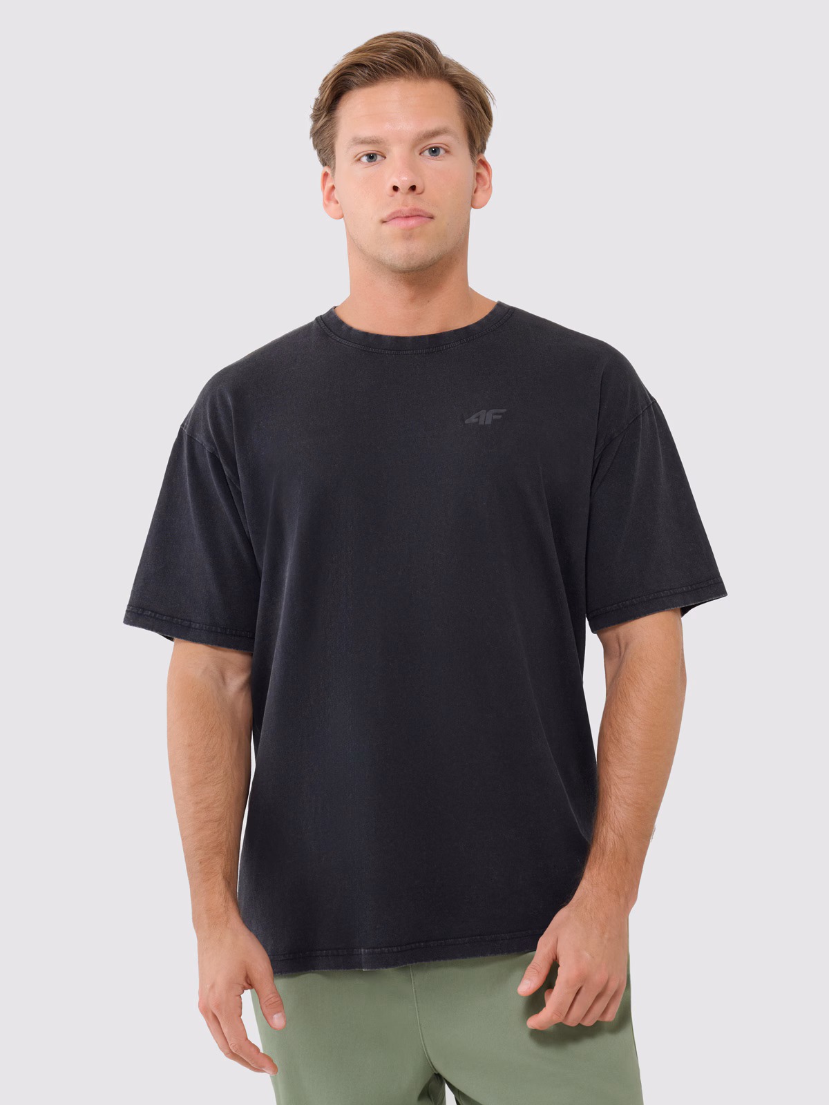 T-shirt oversize gładki męski - oliwkowy/khaki