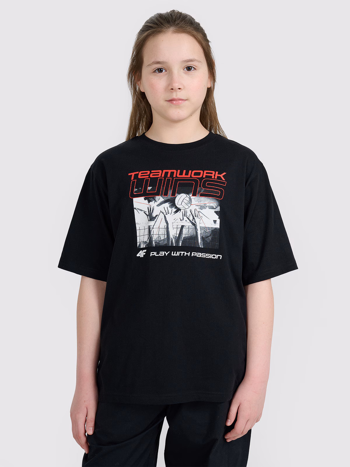 T-shirt oversize z nadrukiem dziecięcy - czarny