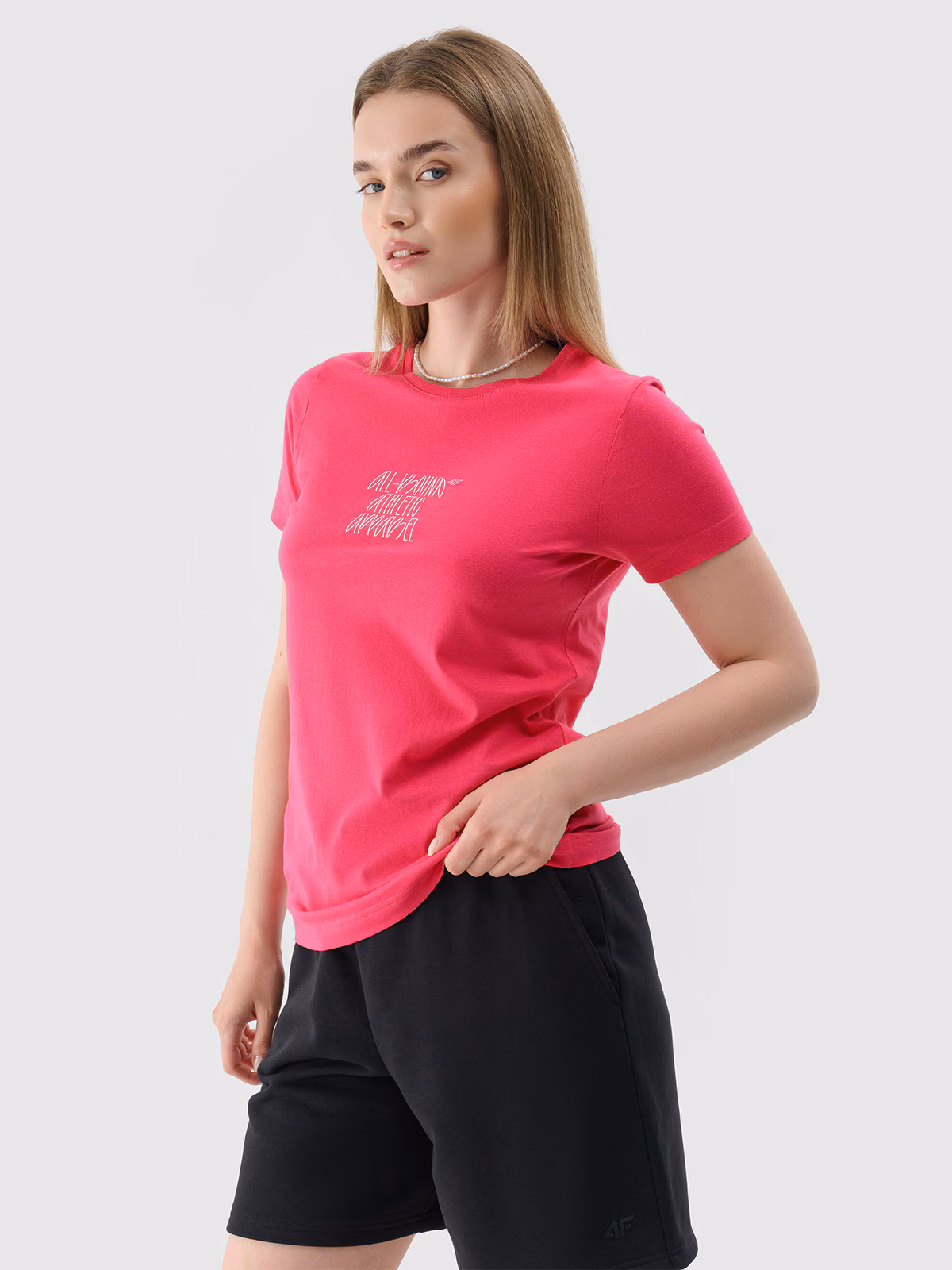 T-shirt slim z nadrukiem damski - różowy