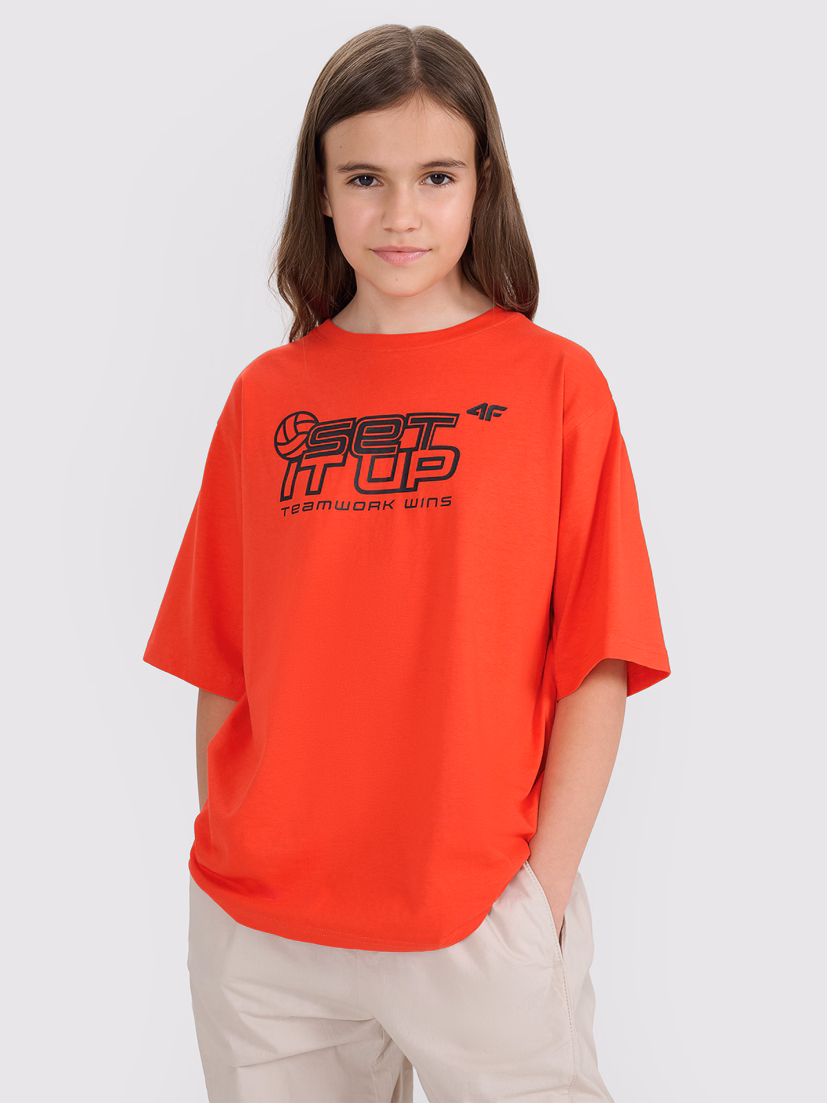 T-shirt oversize z nadrukiem dziecięcy - czerwony