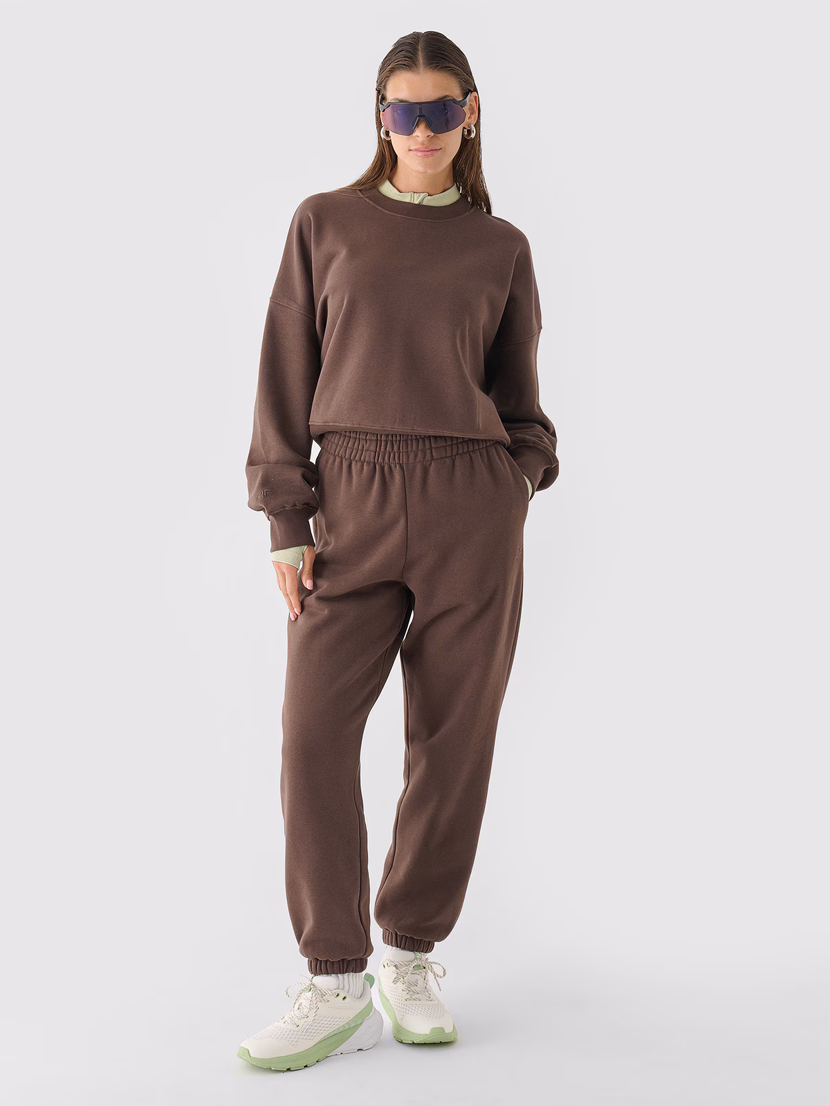 Bluza dresowa oversize nierozpinana bez kaptura damska - brązowa