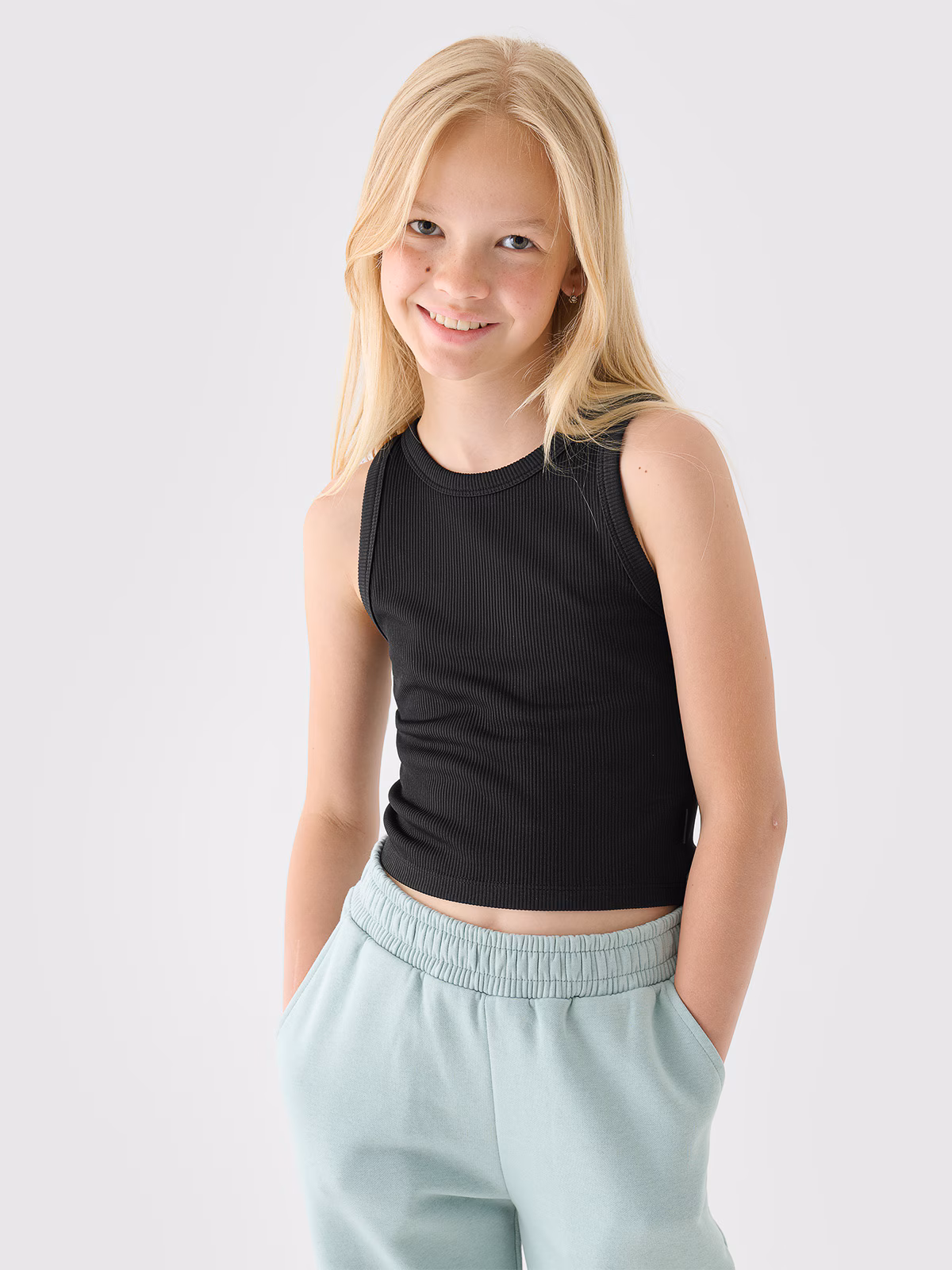 Crop top z prążkowanej dzianiny dziewczęcy - turkusowy