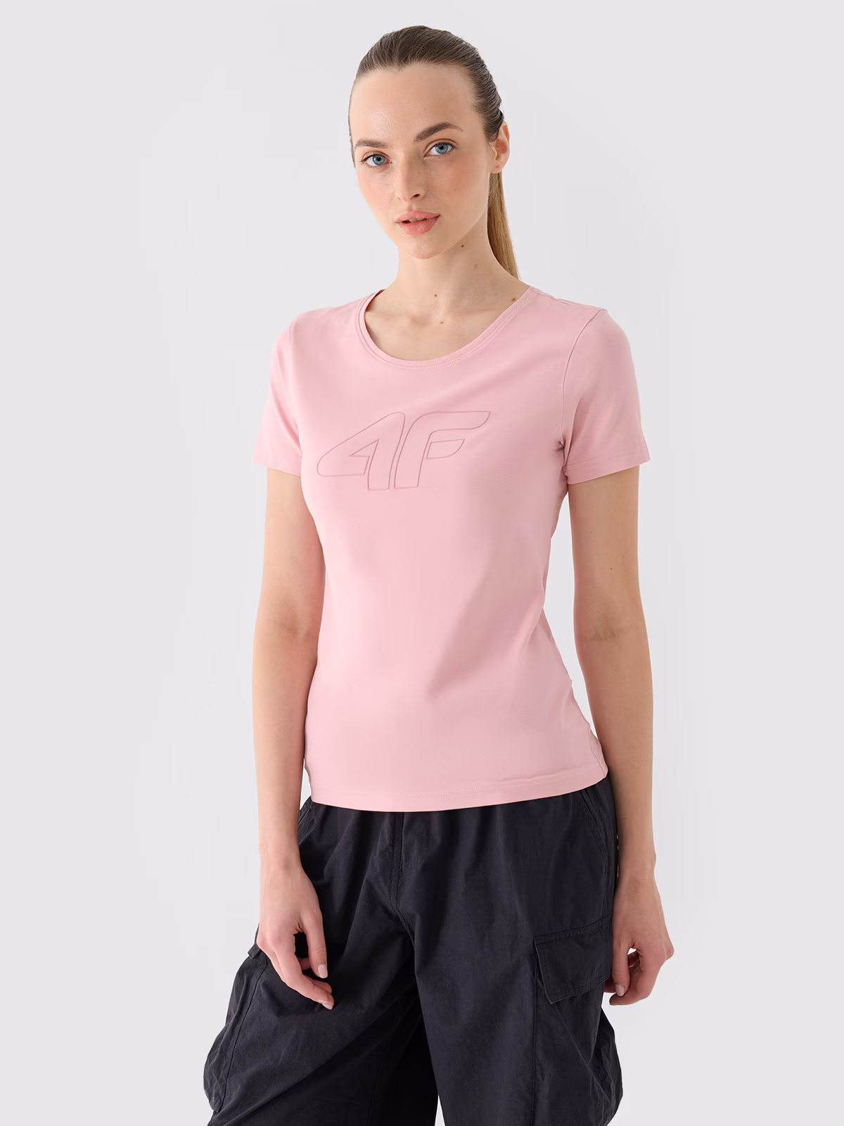 T-shirt slim z nadrukiem damski - niebieski