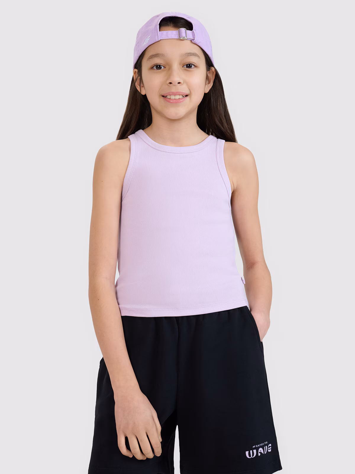 Crop top slim z prążkowanej dzianiny dziewczęcy - fioletowy