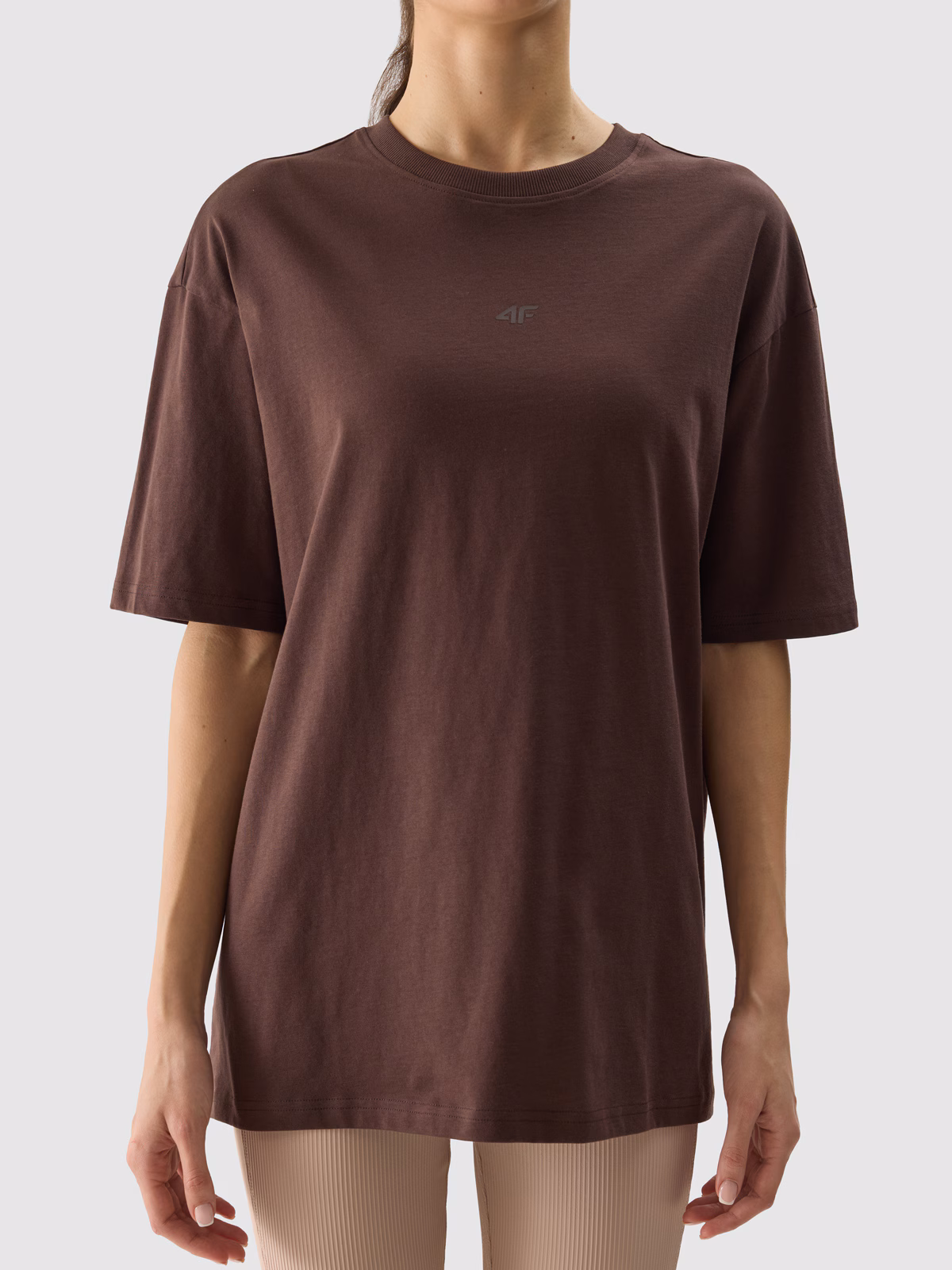 T-shirt oversize gładki damski - brązowy