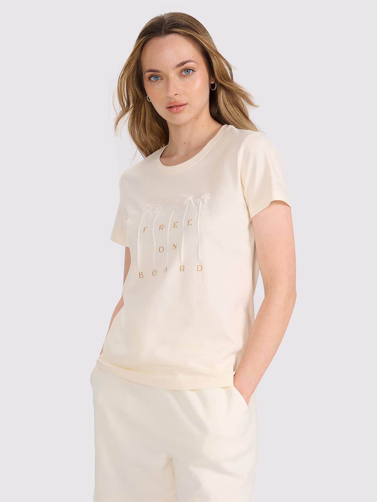 T-shirt regular z nadrukiem damski - beżowy