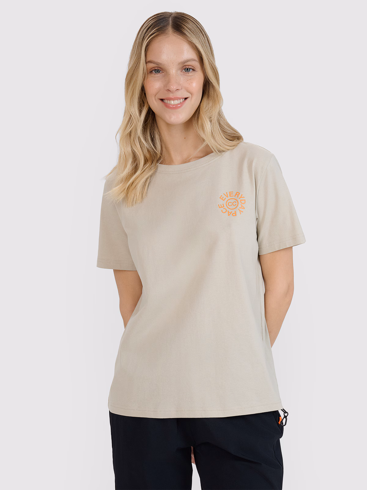 T-shirt oversize z nadrukiem damski - beżowy