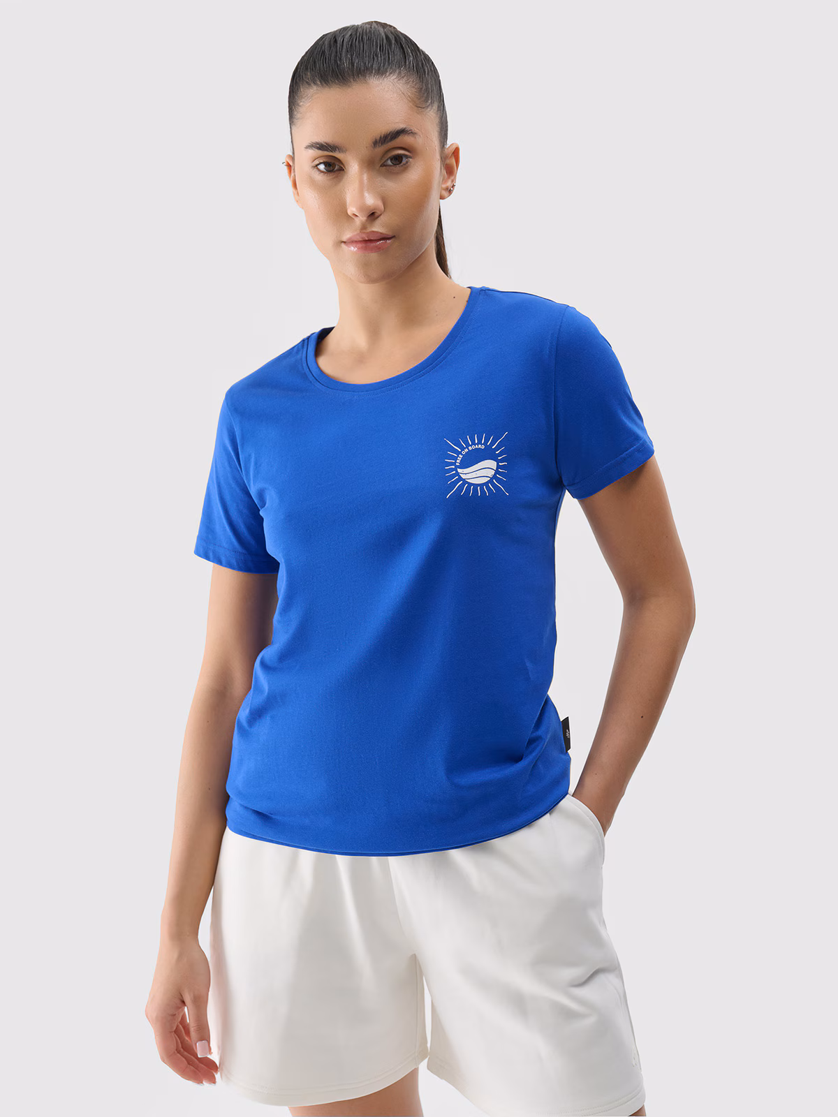 T-shirt regular z nadrukiem damski - niebieski