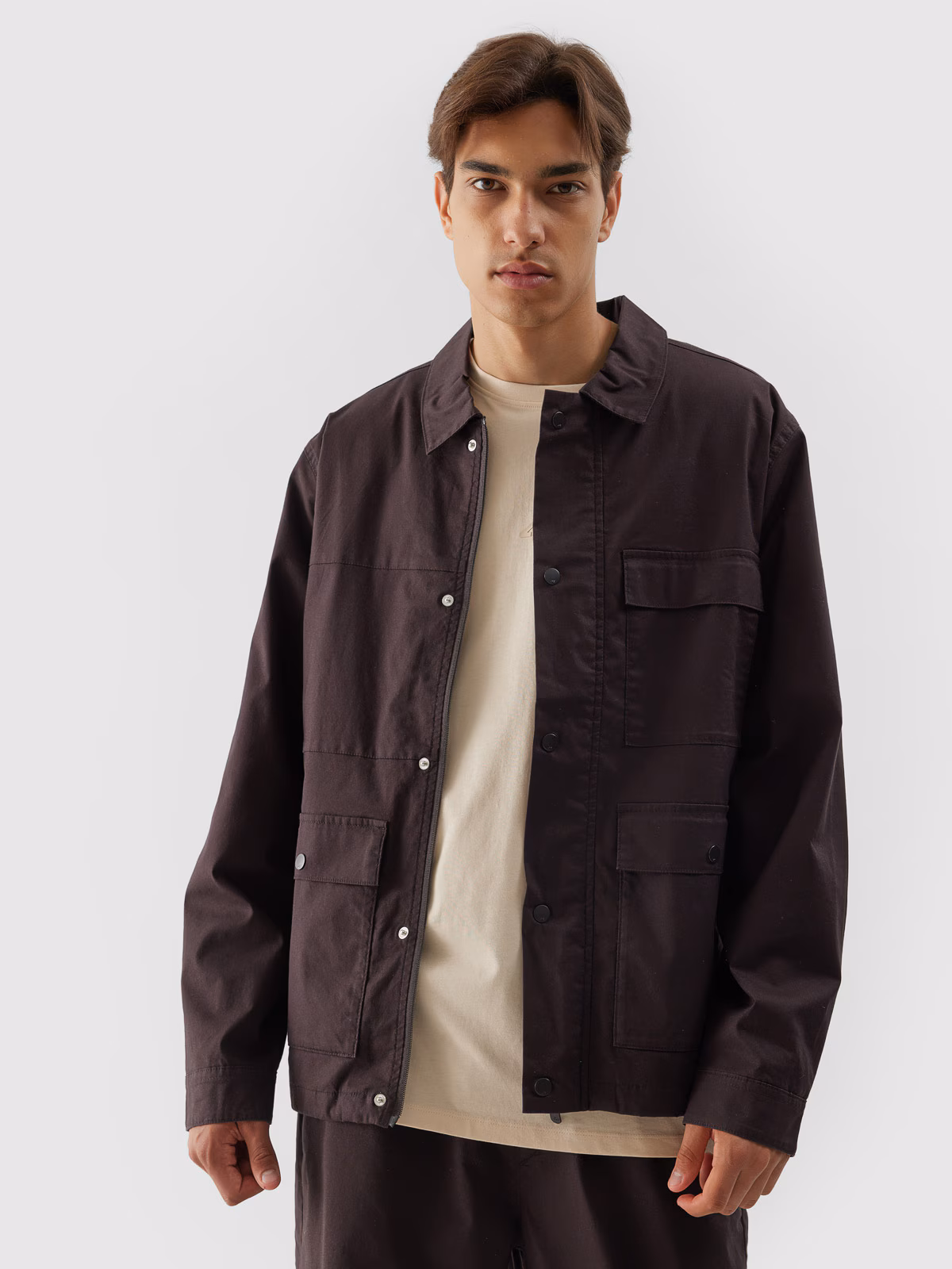 Bluza casual zapinana bez kaptura męska - brązowa