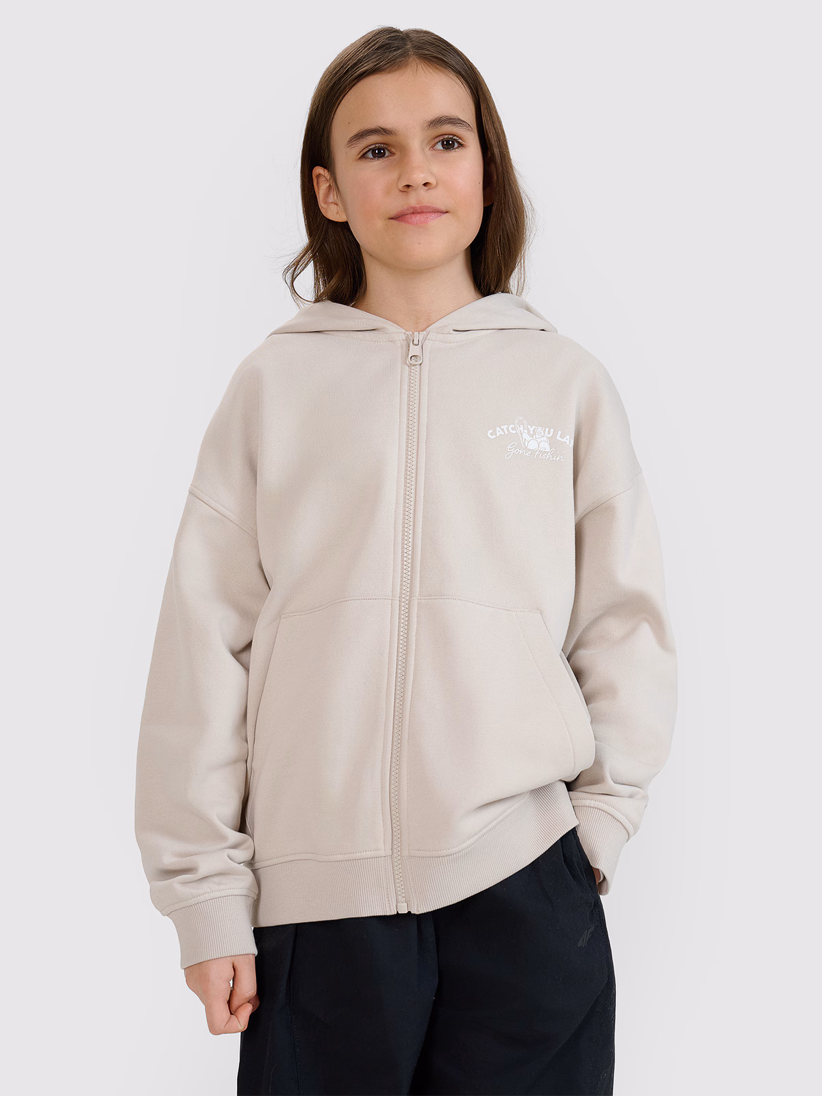 Bluza dresowa rozpinana z kapturem dziewczęca - beżowa