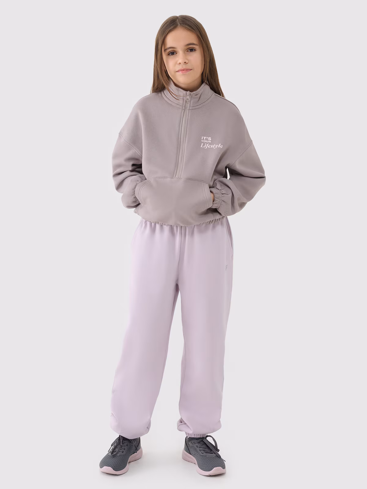 Bluza dresowa nierozpinana bez kaptura dziewczęca - beżowa