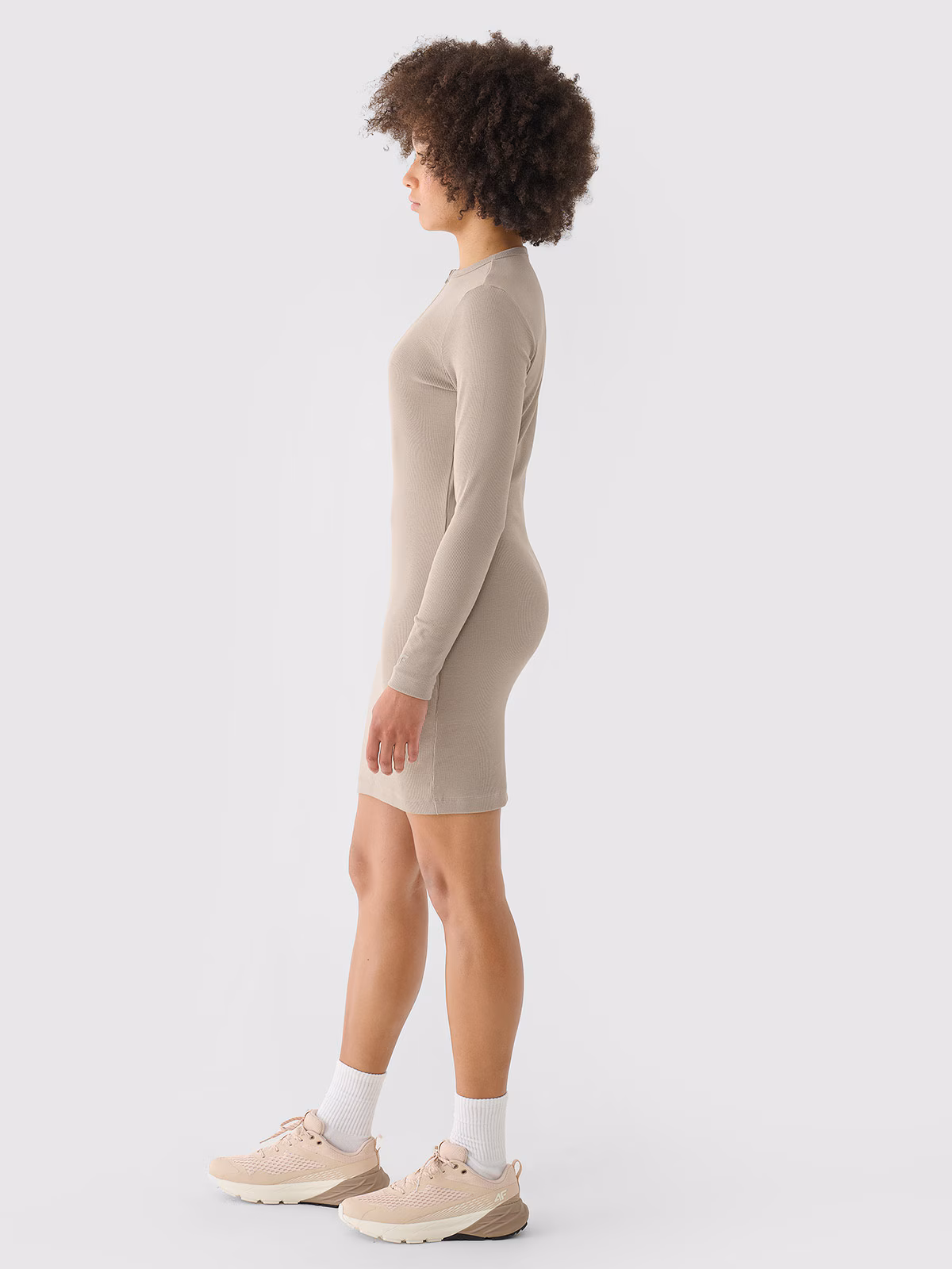 Sukienka midi z prążkowanej dzianiny damska - beżowa