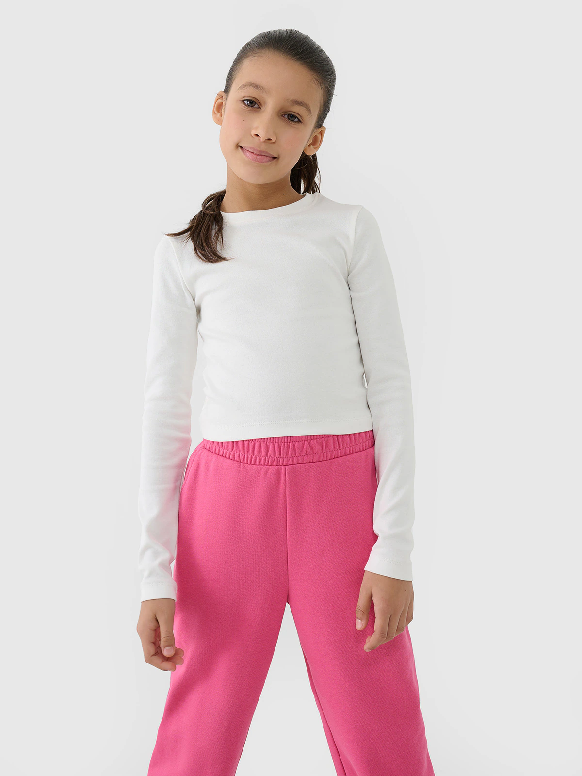 Longsleeve slim crop top gładki dziewczęcy - biały