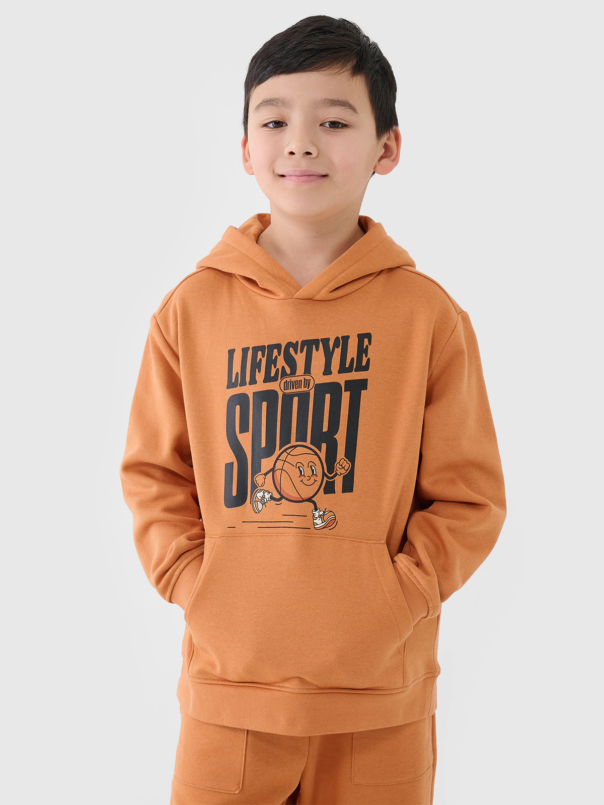 Bluza dresowa nierozpinana z kapturem chłopięca -  pomarańczowa