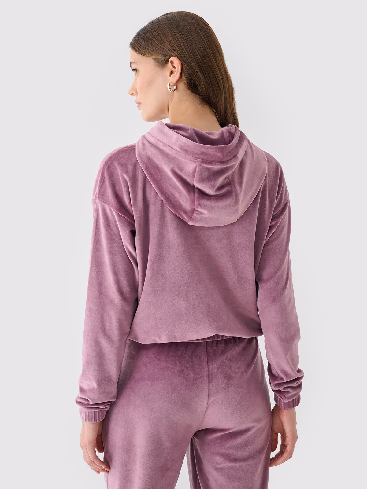 Bluza dresowa z weluru nierozpinana z kapturem damska - beżowa