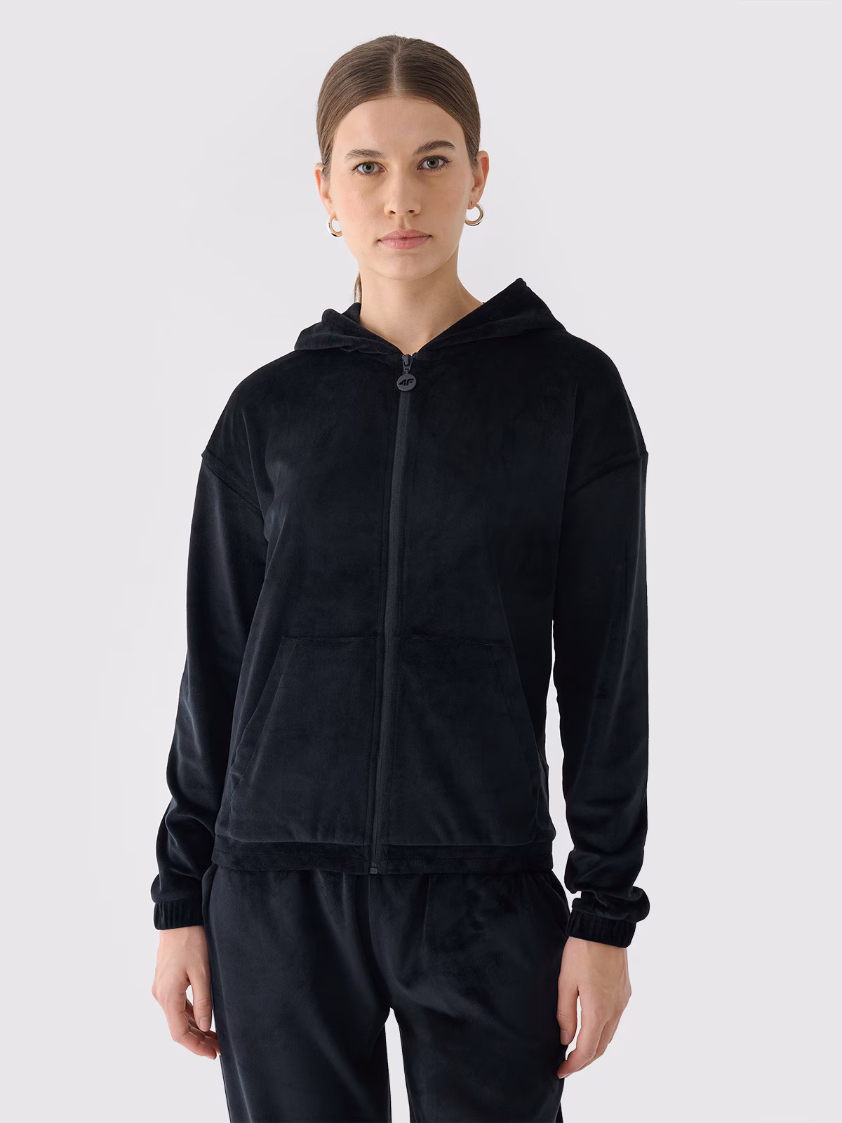 Bluza dresowa z weluru rozpinana z kapturem damska - granatowa