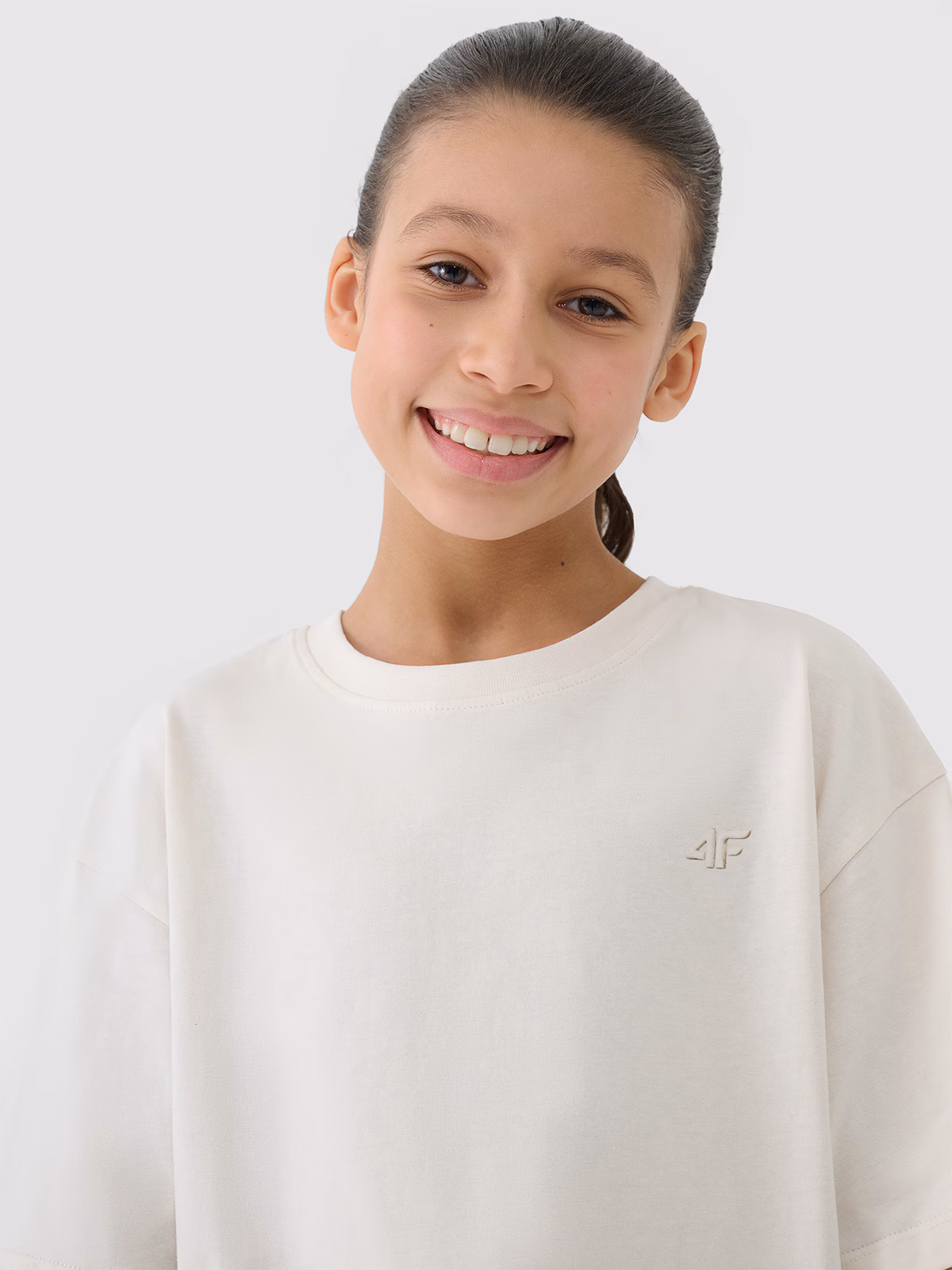 T-shirt oversize gładki dziewczęcy - beżowy