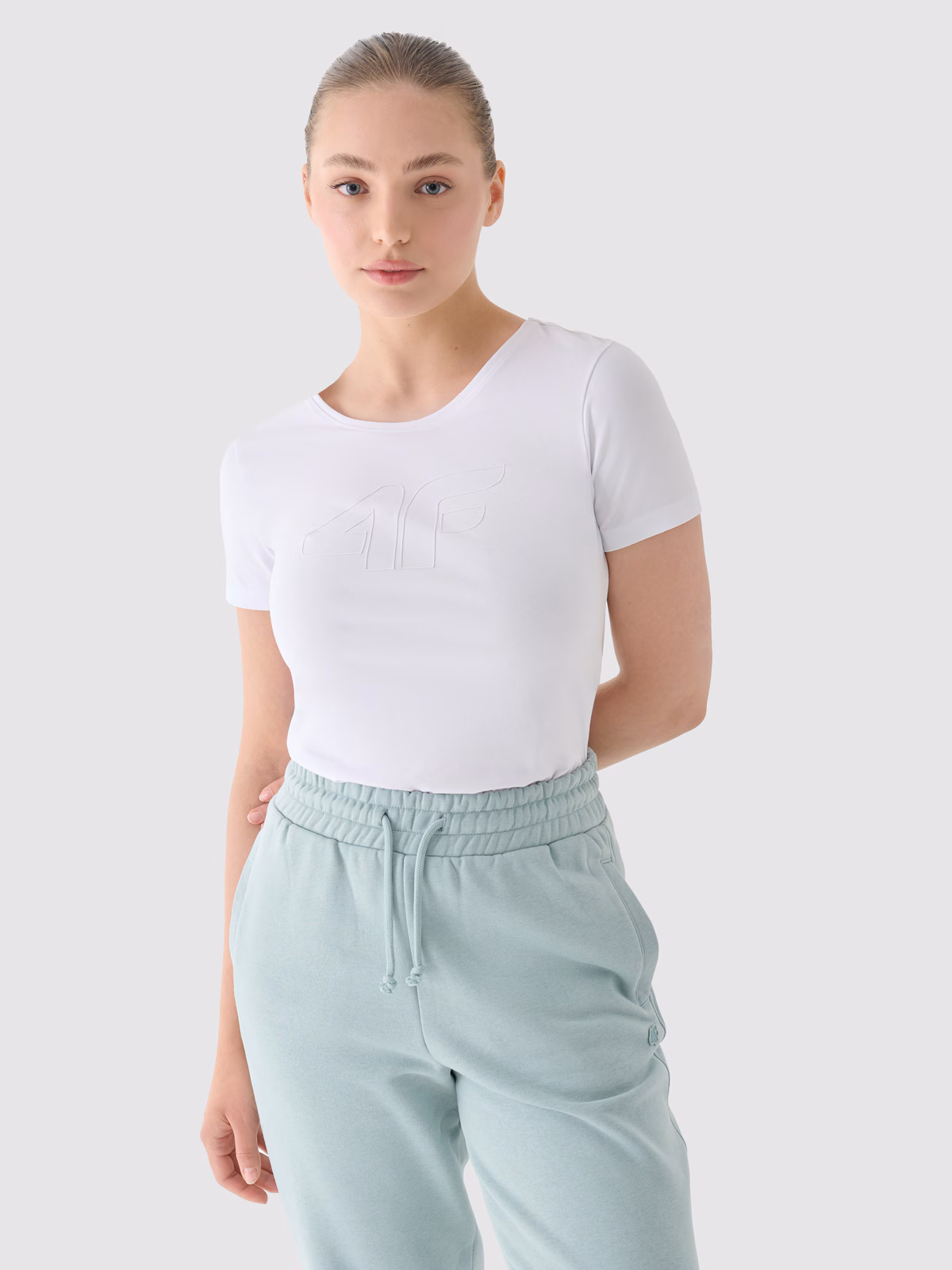 T-shirt slim z nadrukiem damski - niebieski