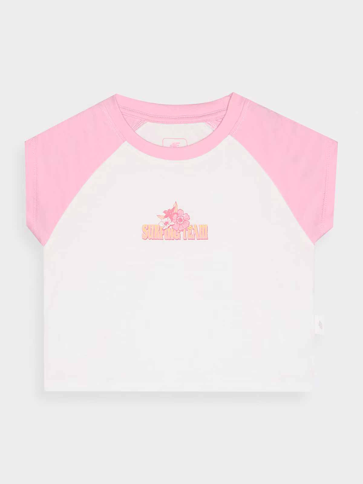 T-shirt cropped z nadrukiem dziewczęcy - turkusowy