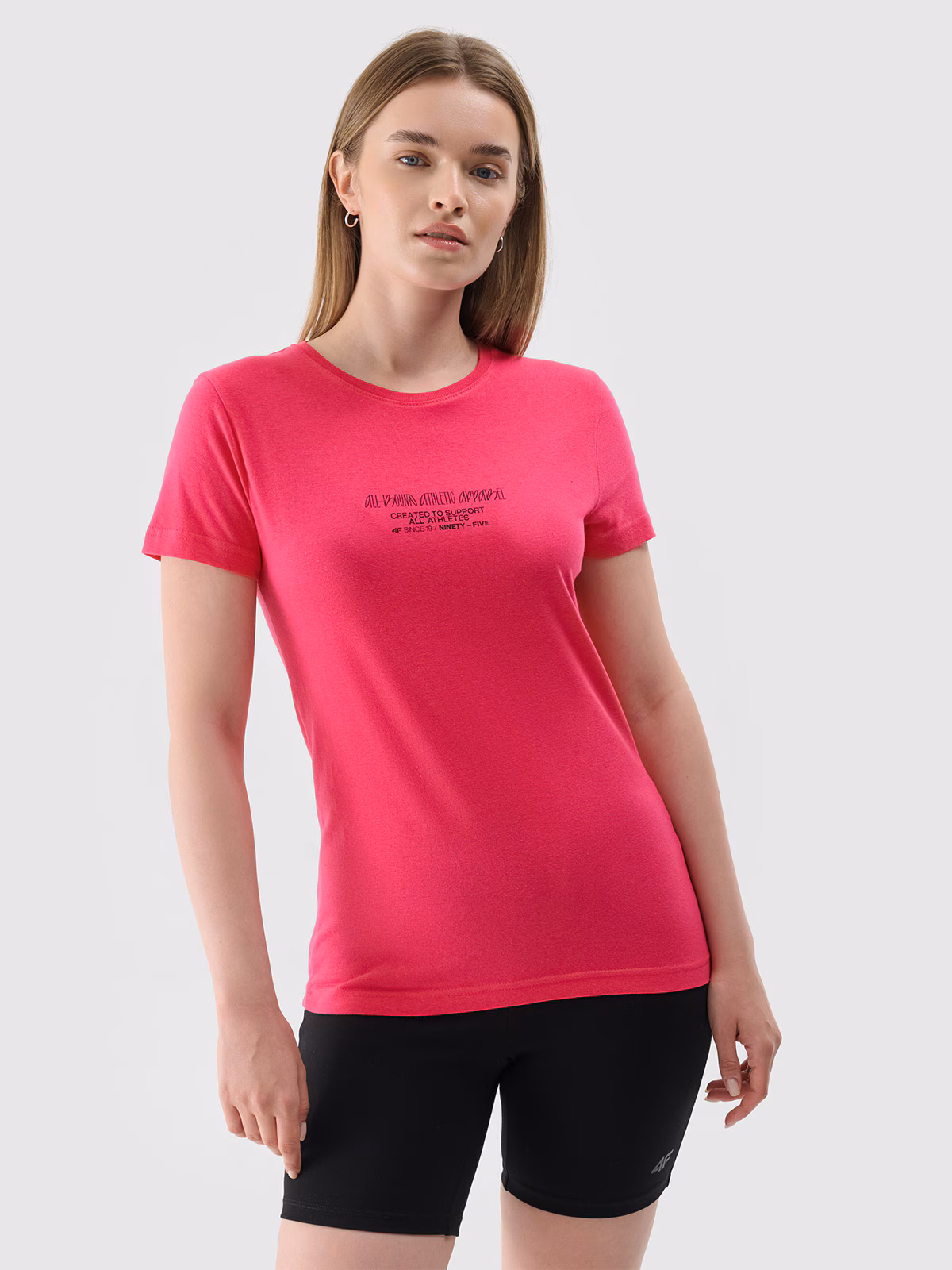 T-shirt slim z nadrukiem damski - różowy