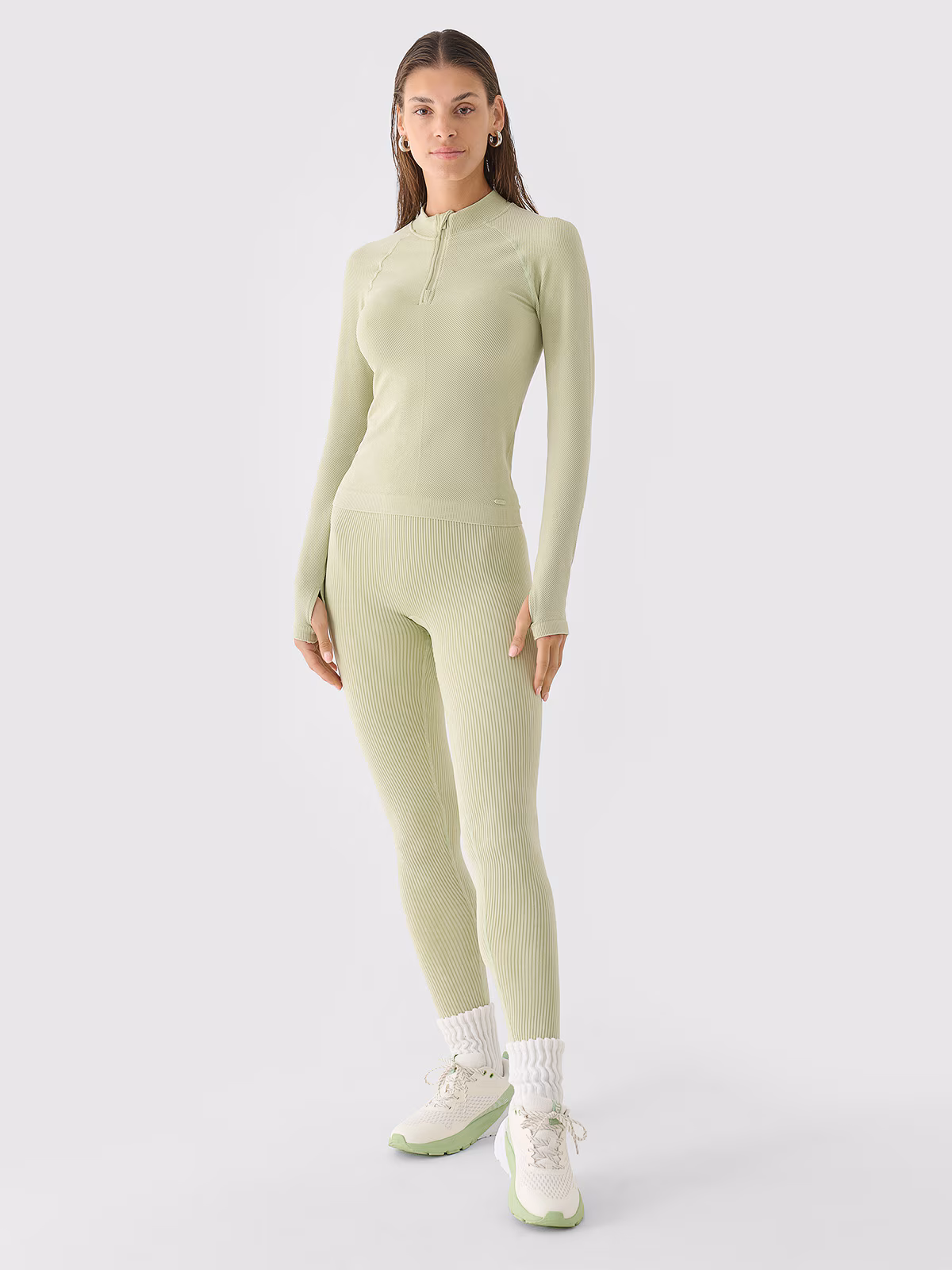 Legginsy bezszwowe w prążki damskie - oliwkowe/khaki