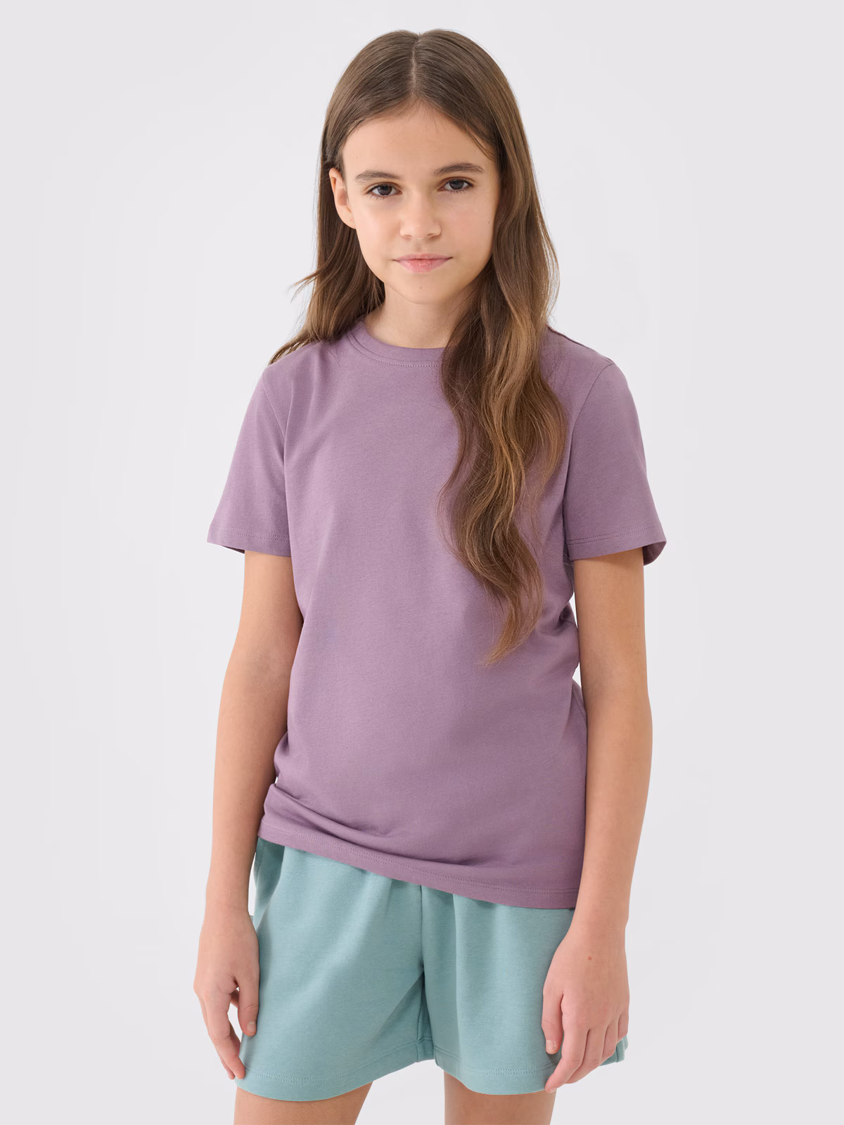 T-shirt regular gładki dziewczęcy - szary