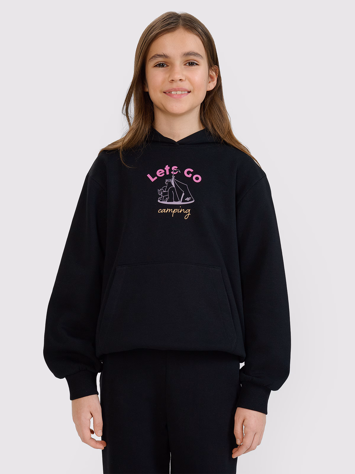 Bluza dresowa nierozpinana z kapturem dziewczęca - czarna