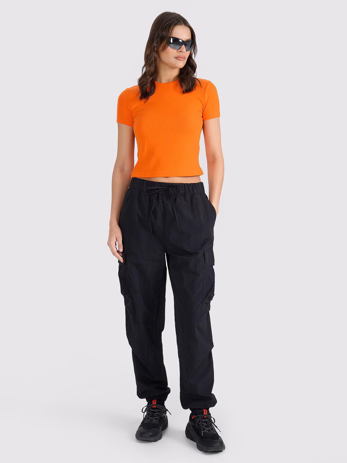 T-shirt slim z waflowej dzianiny damski - pomarańczowy