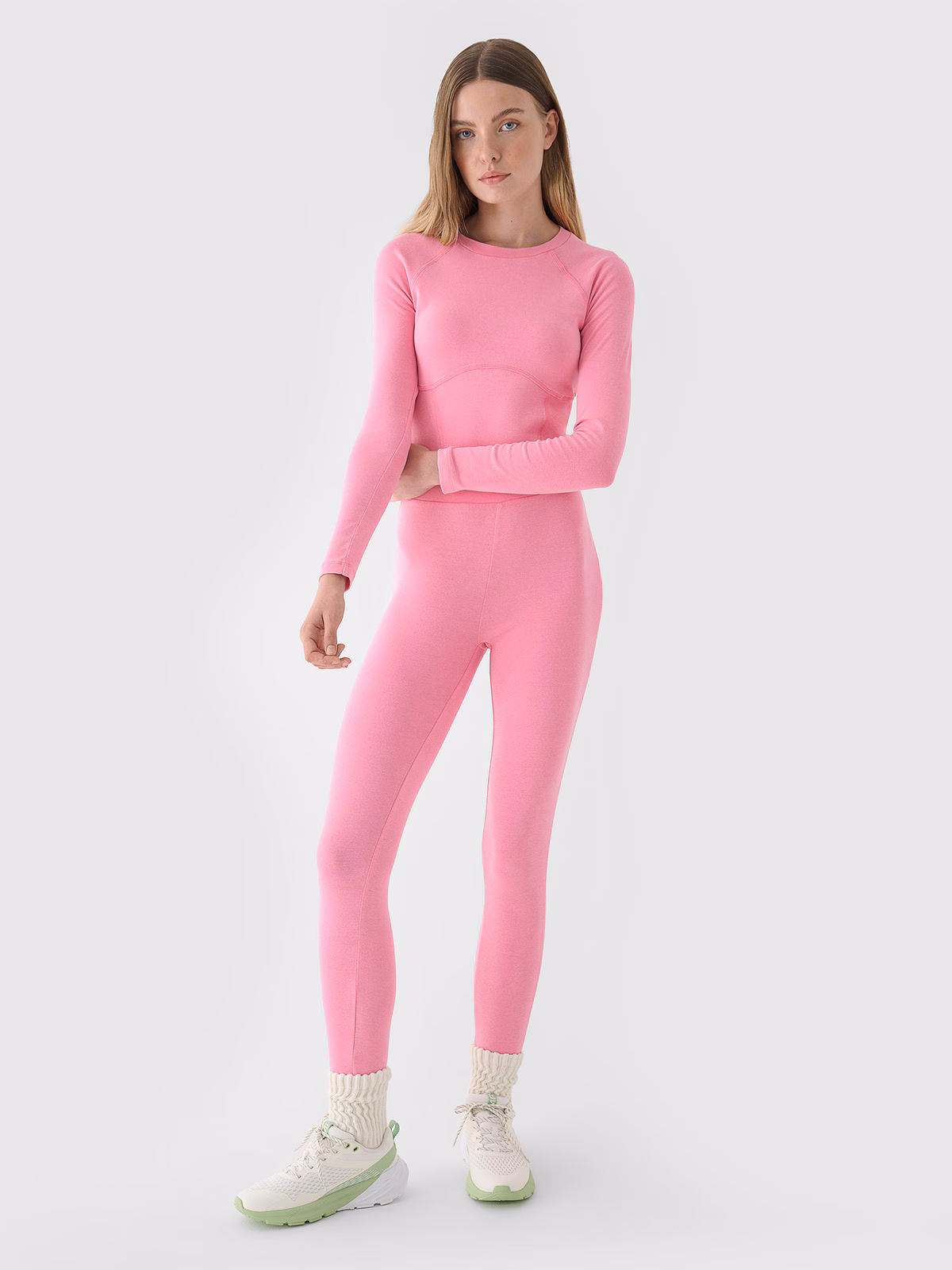 Longsleeve cropped gładki damski - różowy