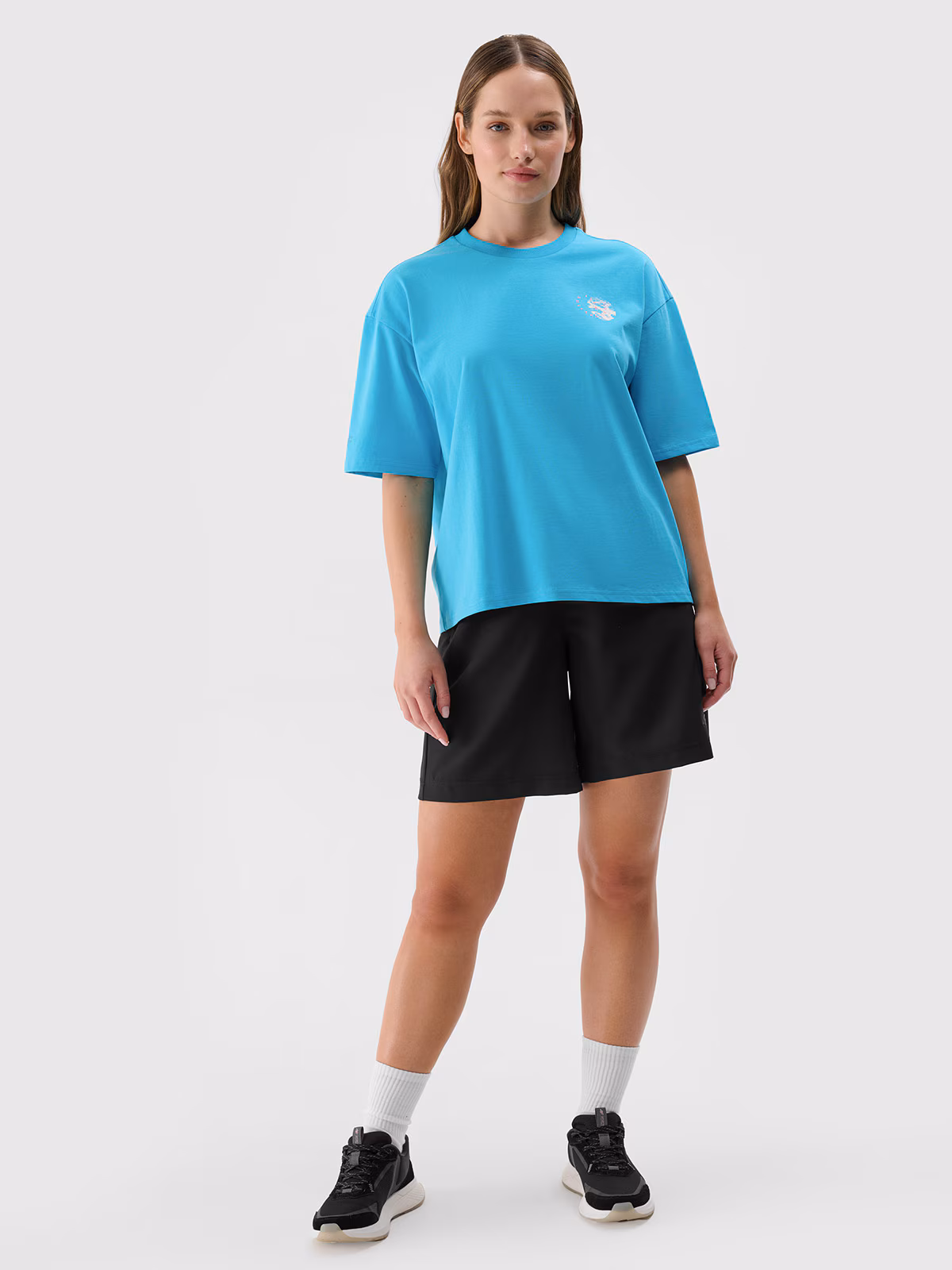 T-shirt oversize z nadrukiem damski - turkusowy