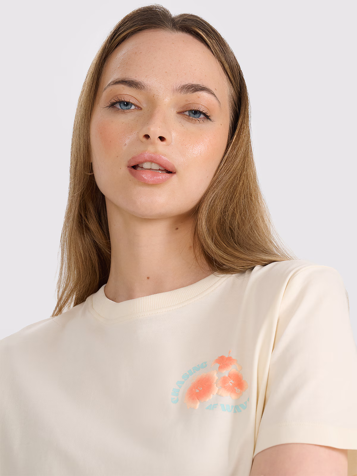 T-shirt oversize z nadrukiem damski - beżowy