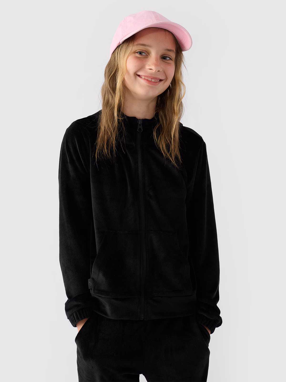 Bluza dresowa z weluru rozpinana z kapturem dziewczęca - fioletowa