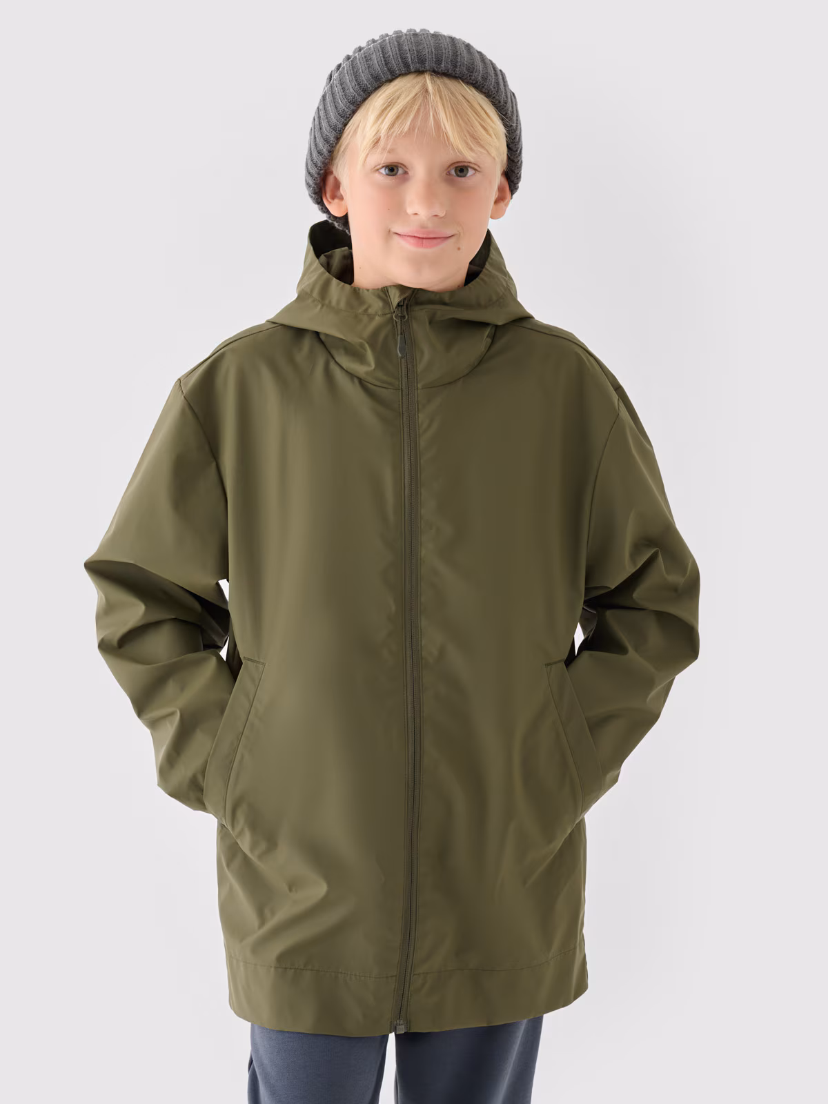 Kurtka przejściowa przeciwdeszczowa z gumową powłoką dziecięca - khaki