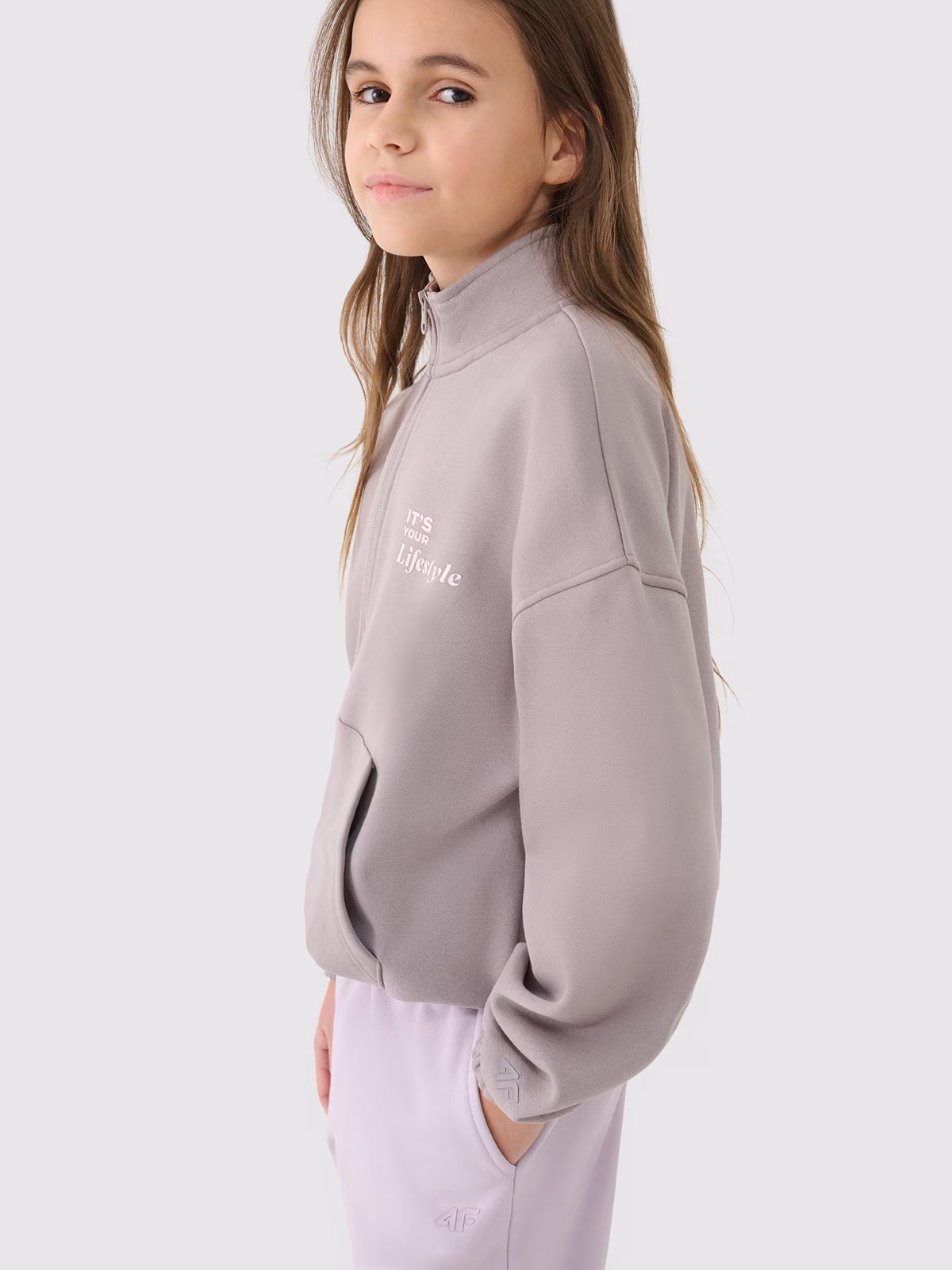 Bluza dresowa nierozpinana bez kaptura dziewczęca - beżowa